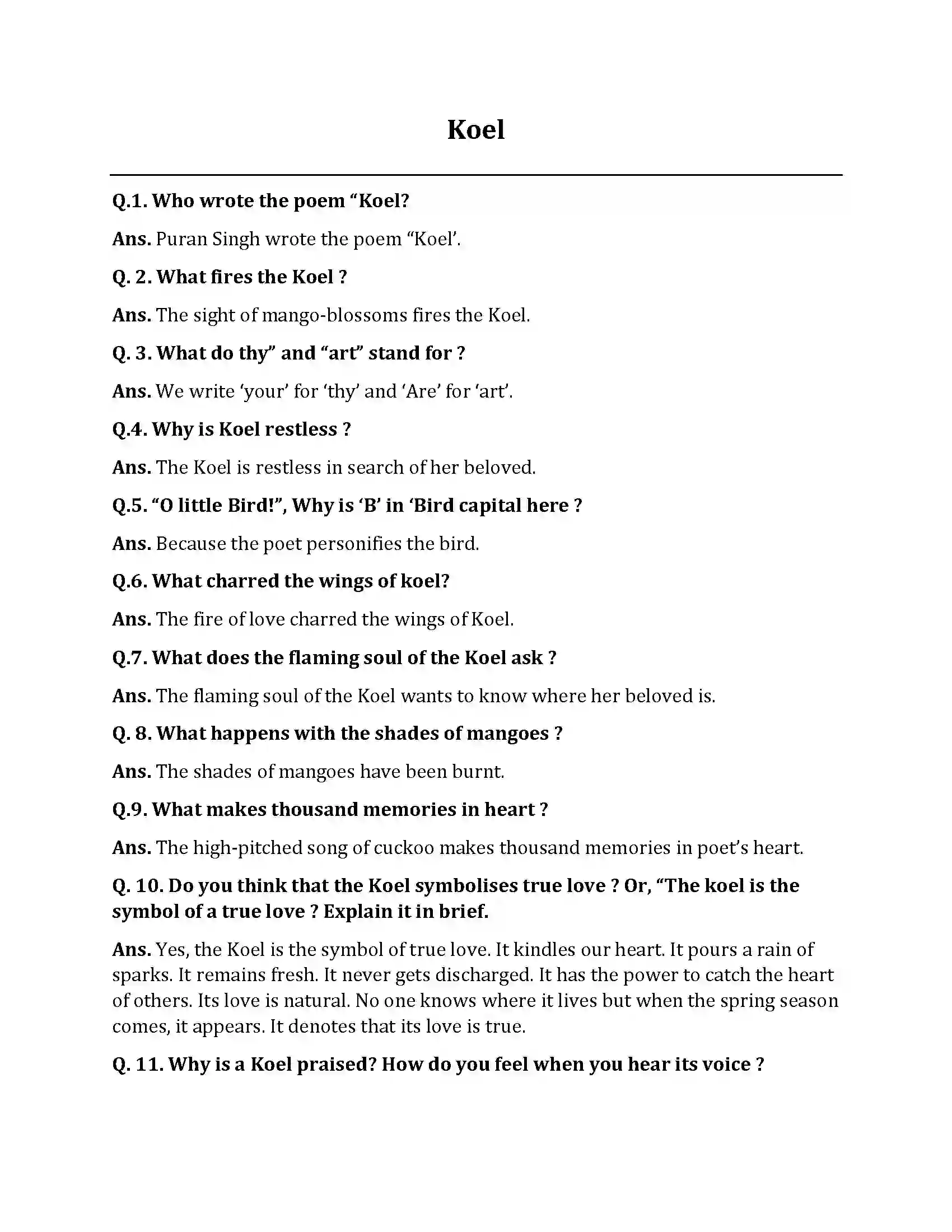 Bihar Board Class 10th Koel Koel  Subjective Objective Question 1