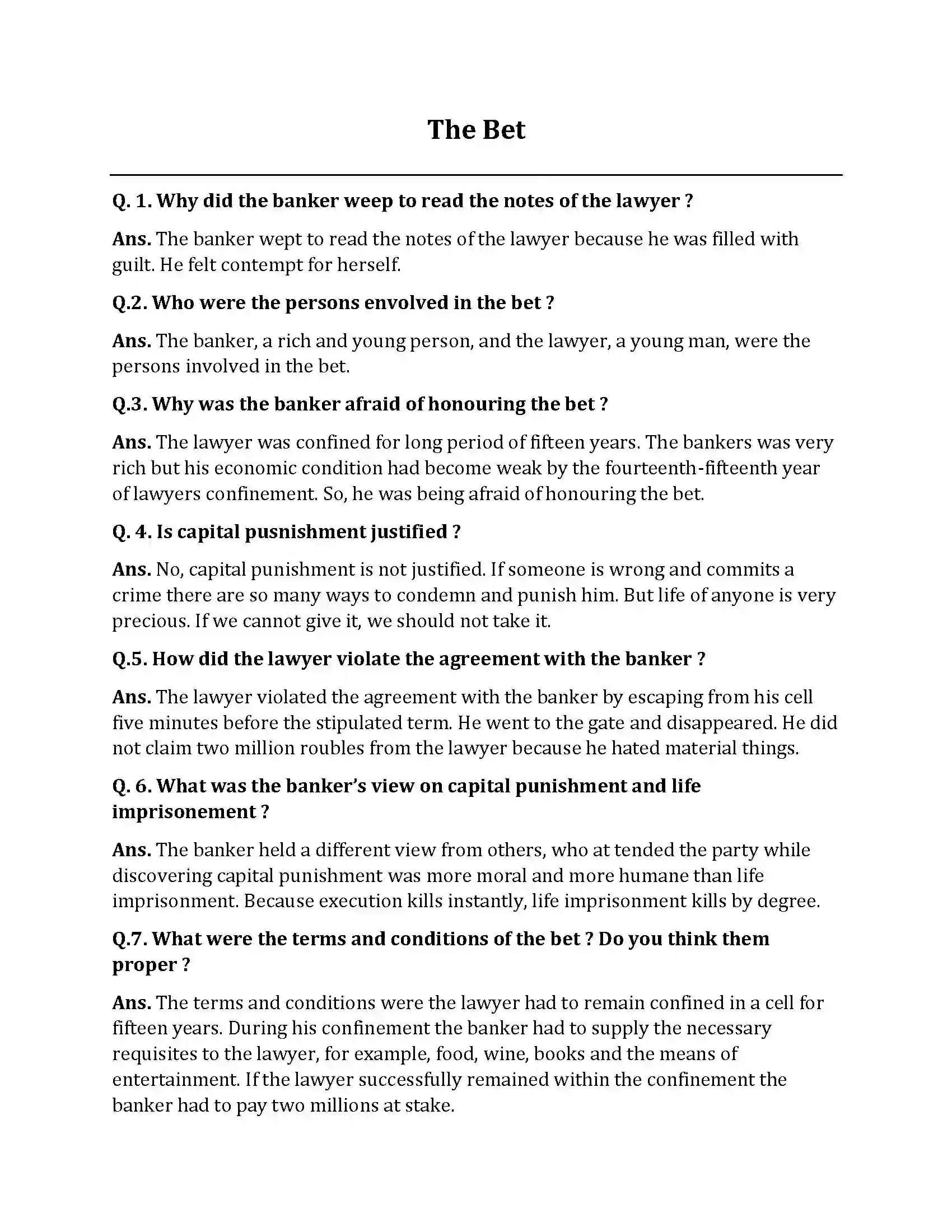 Bihar Board Class 10th The Bet The Bet  Subjective Objective Question 1