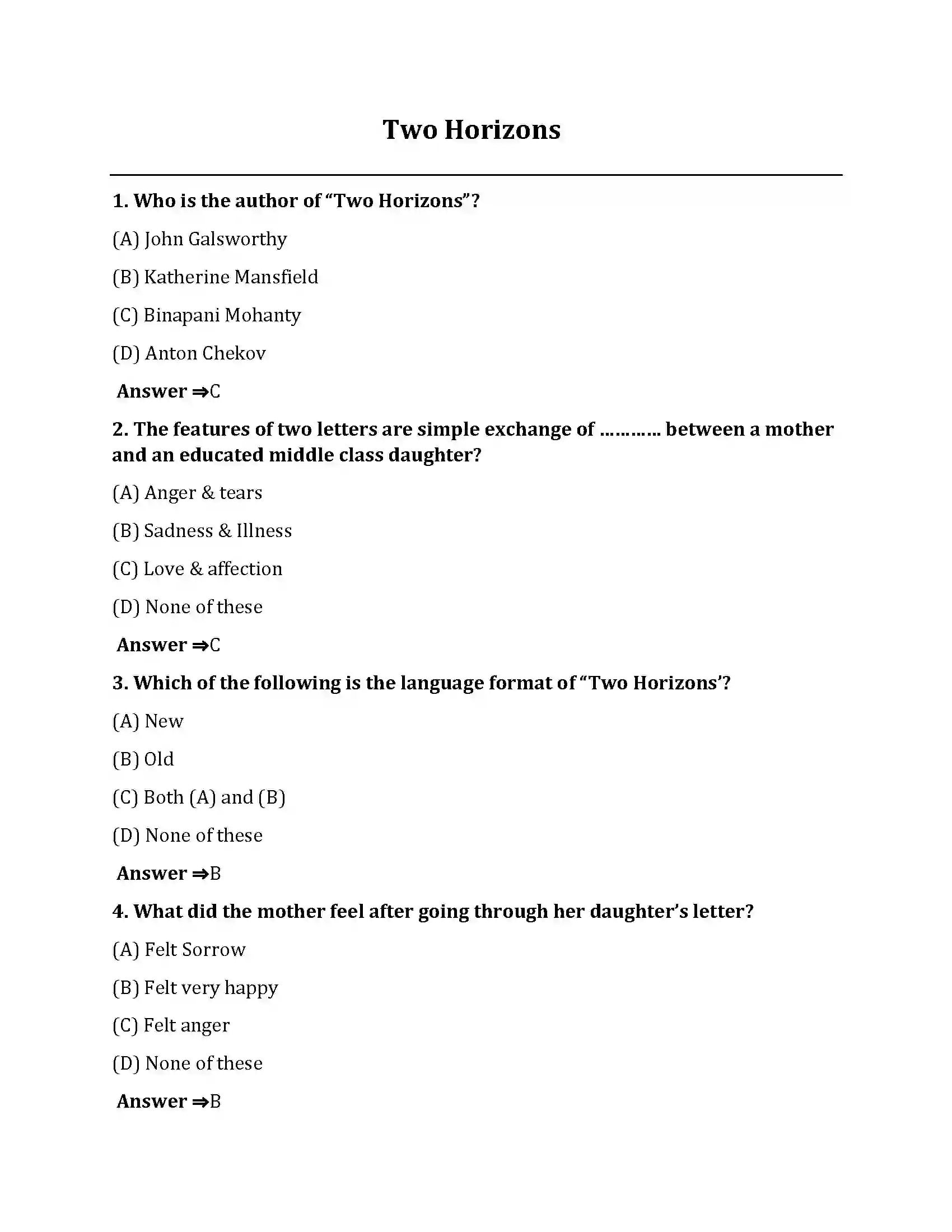 Bihar Board Class 10th Two Horizons Two Horizons  Objective Objective Question 1