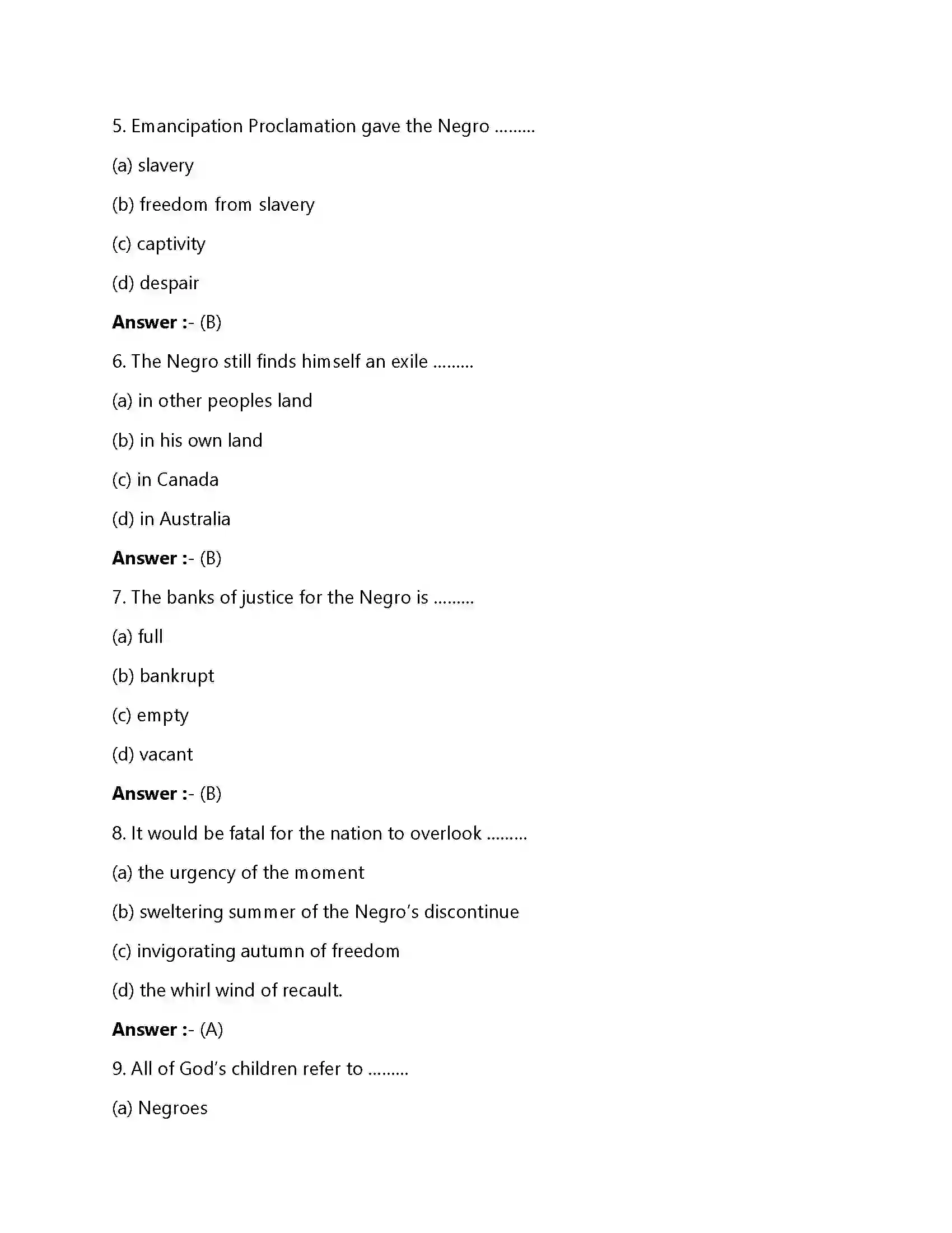 Bihar Board Class 12th I Have a Dream I Have a Dream  Objective Objective Question 2