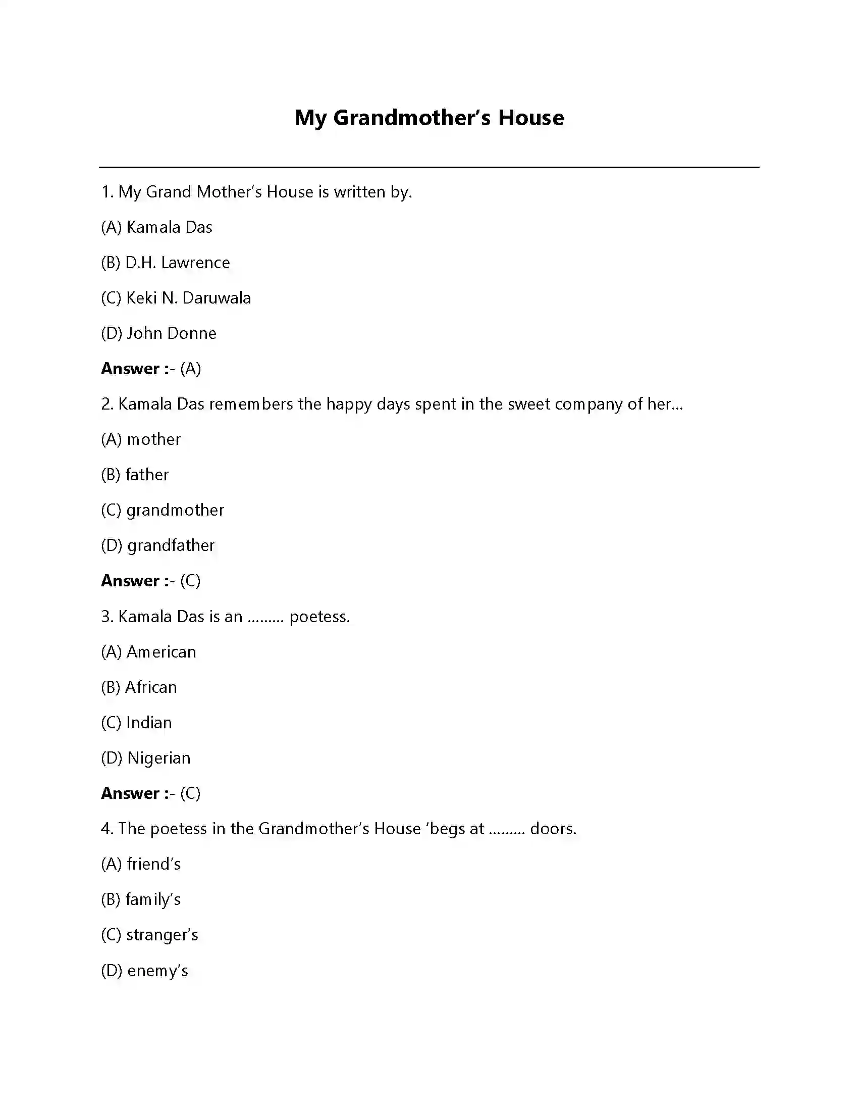Bihar Board Class 12th My Grandmother’s House My Grand Mother’s House  Objective Objective Question 1