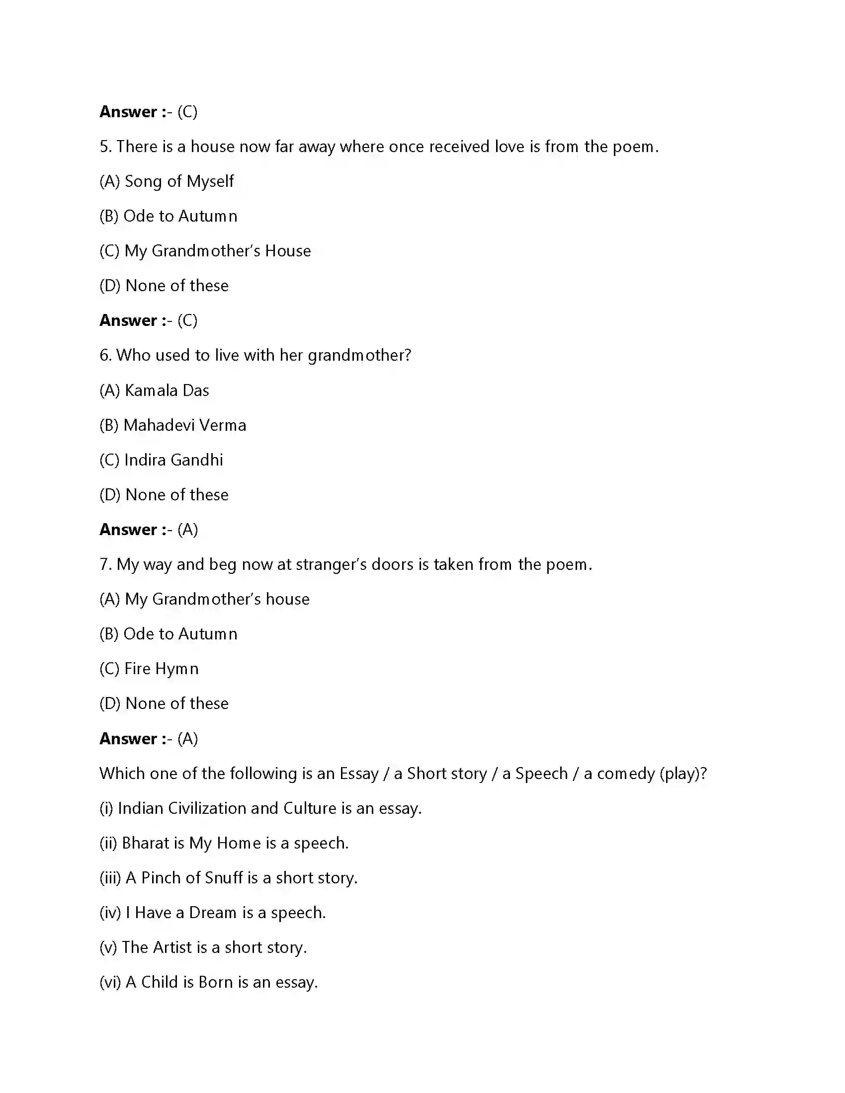 Bihar Board Class 12th My Grandmother’s House My Grand Mother’s House  Objective Objective Question 2