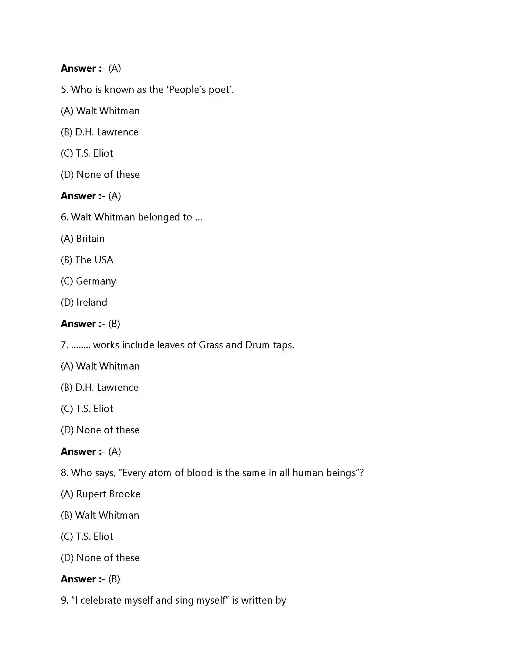 Bihar Board Class 12th Song of Myself Song of Myself  Objective Objective Question 2