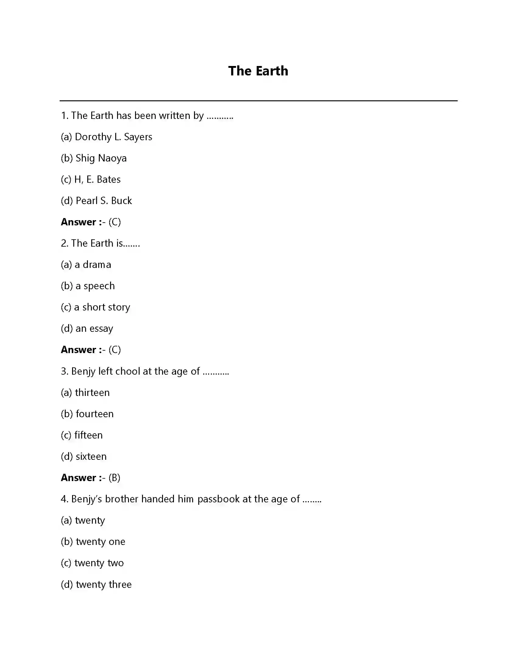 Bihar Board Class 12th The Earth The Earth  Objective Objective Question 1