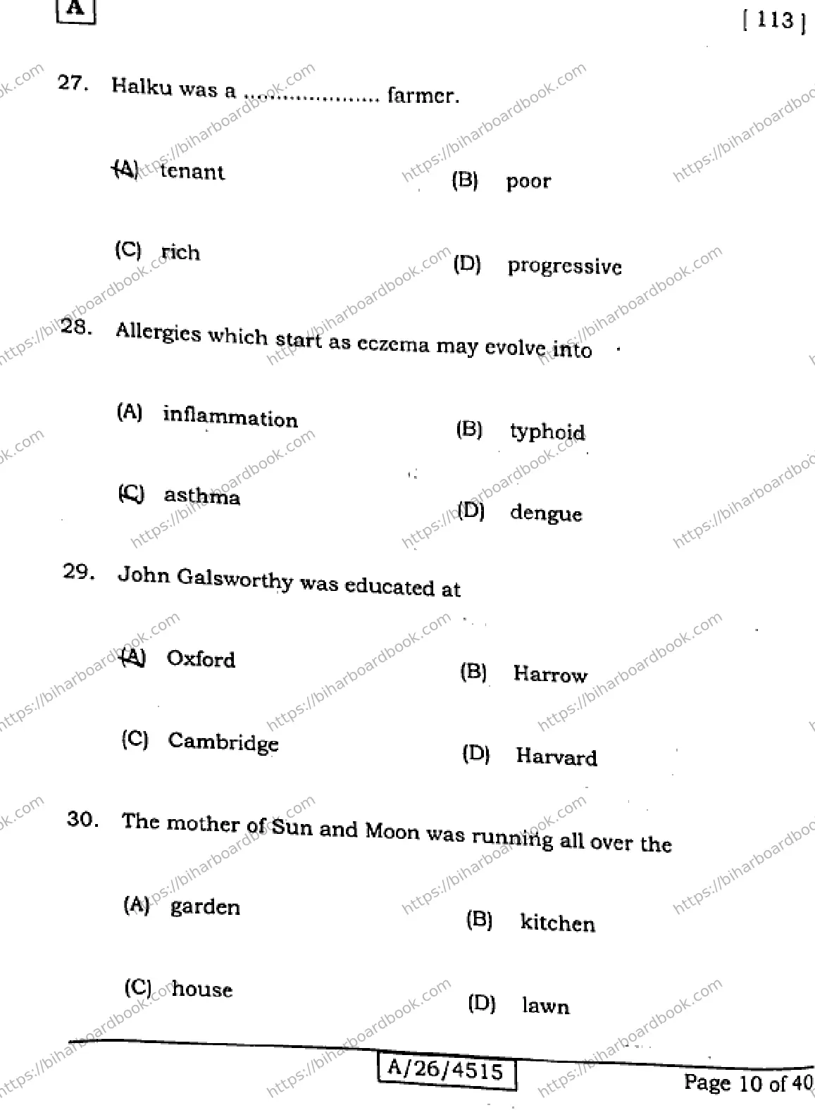Bihar Board Class 10th 2026 ENGLISH-113-SET-A Previous Year Paper 10