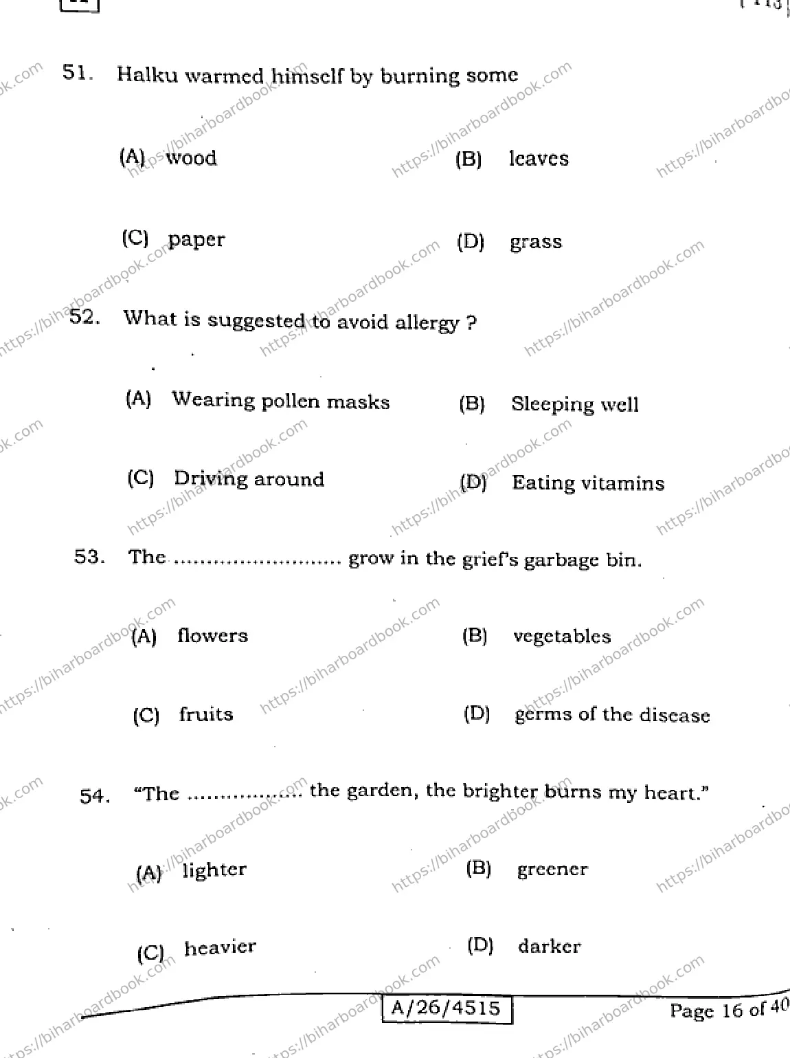 Bihar Board Class 10th 2026 ENGLISH-113-SET-A Previous Year Paper 16