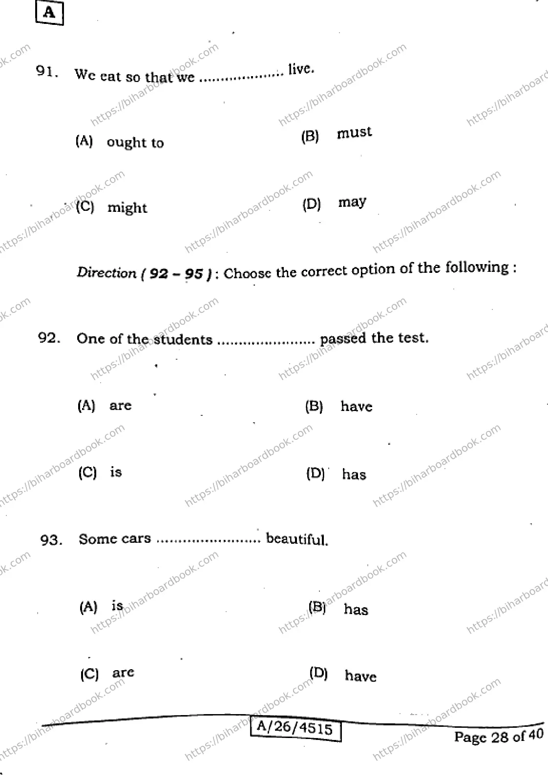 Bihar Board Class 10th 2026 ENGLISH-113-SET-A Previous Year Paper 28