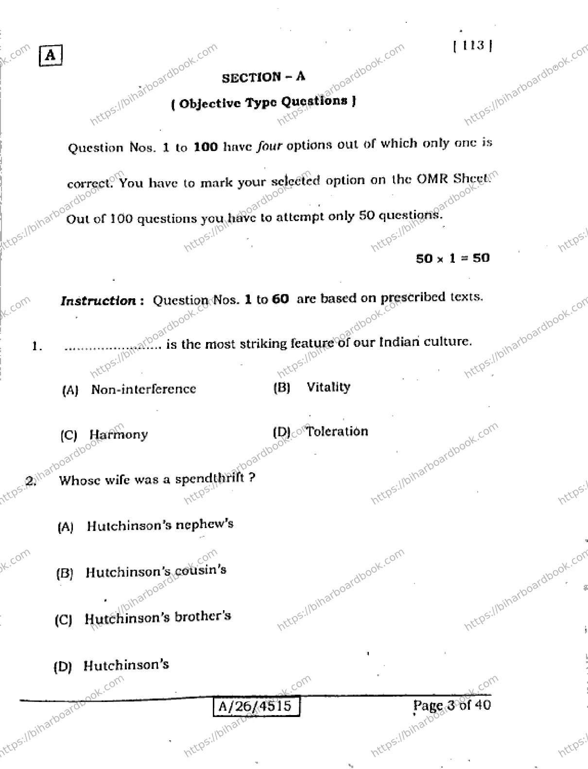 Bihar Board Class 10th 2026 ENGLISH-113-SET-A Previous Year Paper 3
