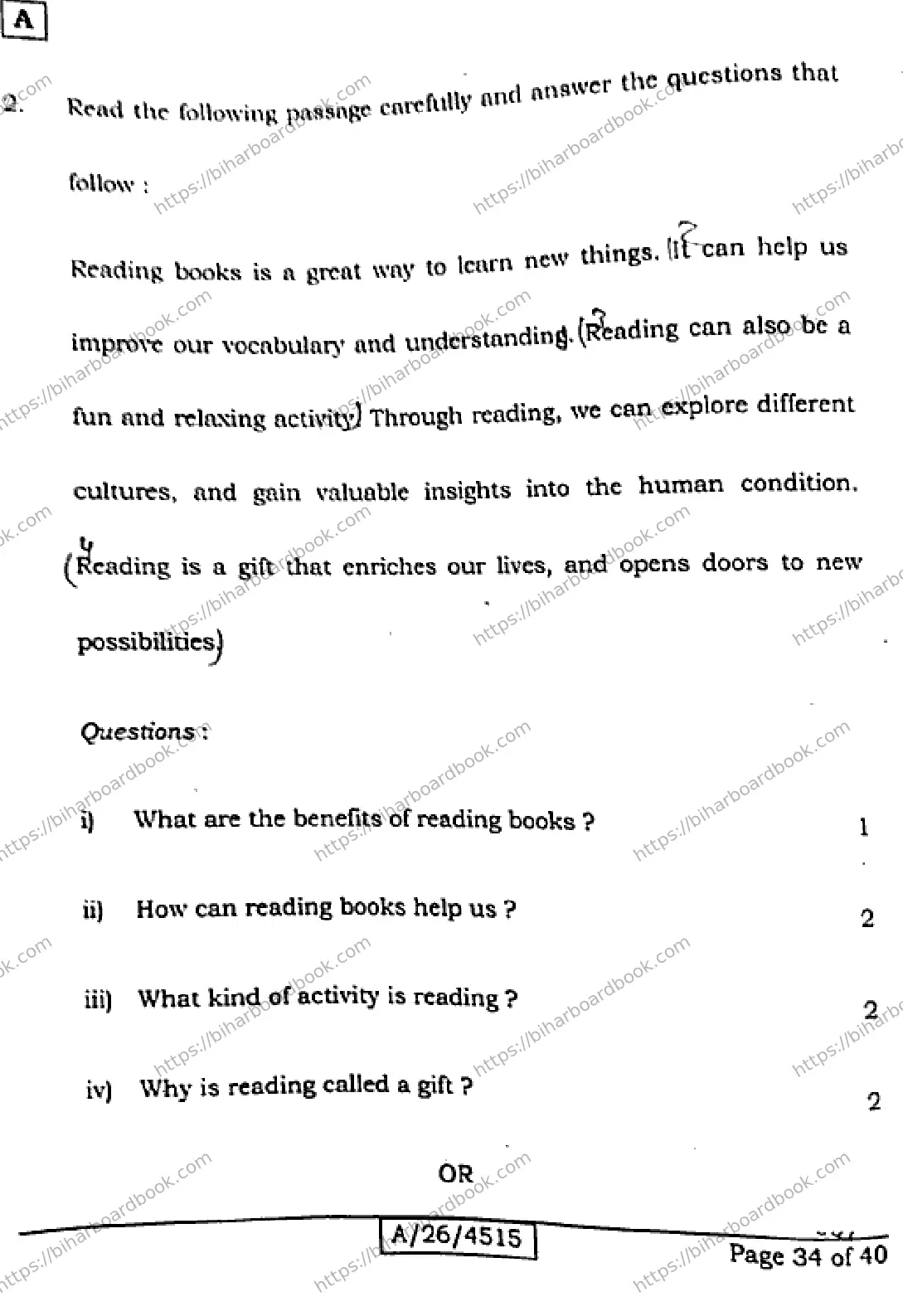 Bihar Board Class 10th 2026 ENGLISH-113-SET-A Previous Year Paper 34