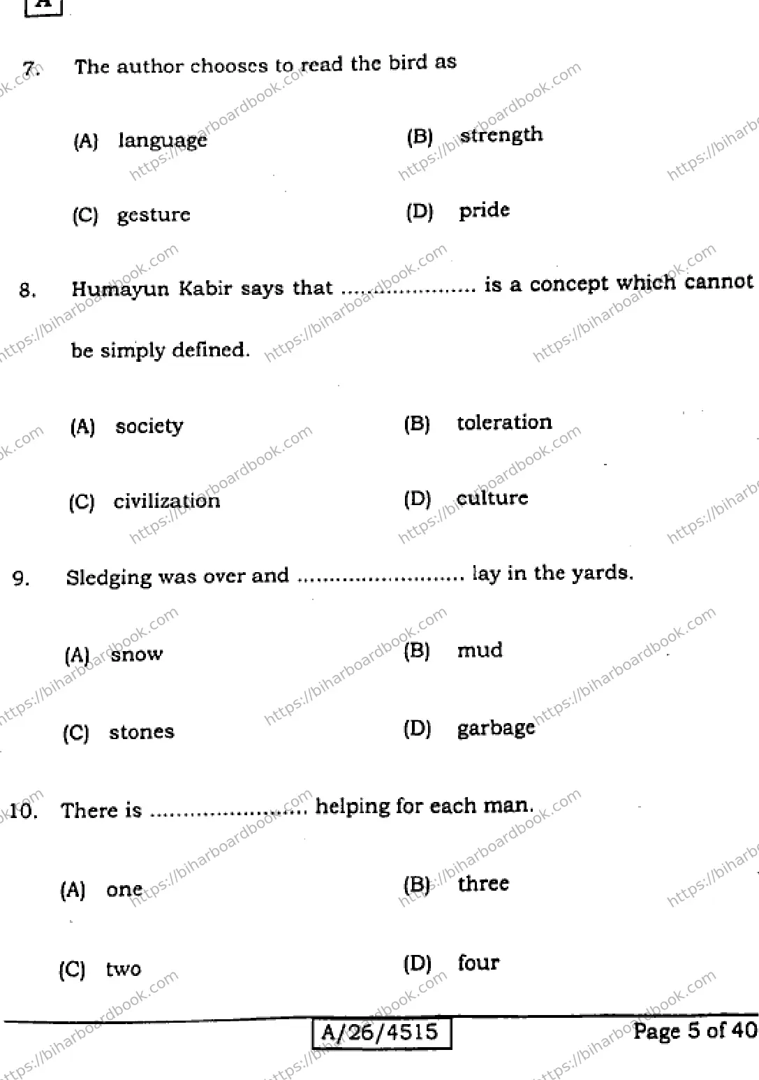 Bihar Board Class 10th 2026 ENGLISH-113-SET-A Previous Year Paper 5