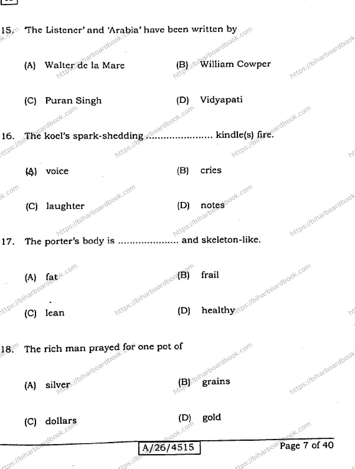 Bihar Board Class 10th 2026 ENGLISH-113-SET-A Previous Year Paper 7