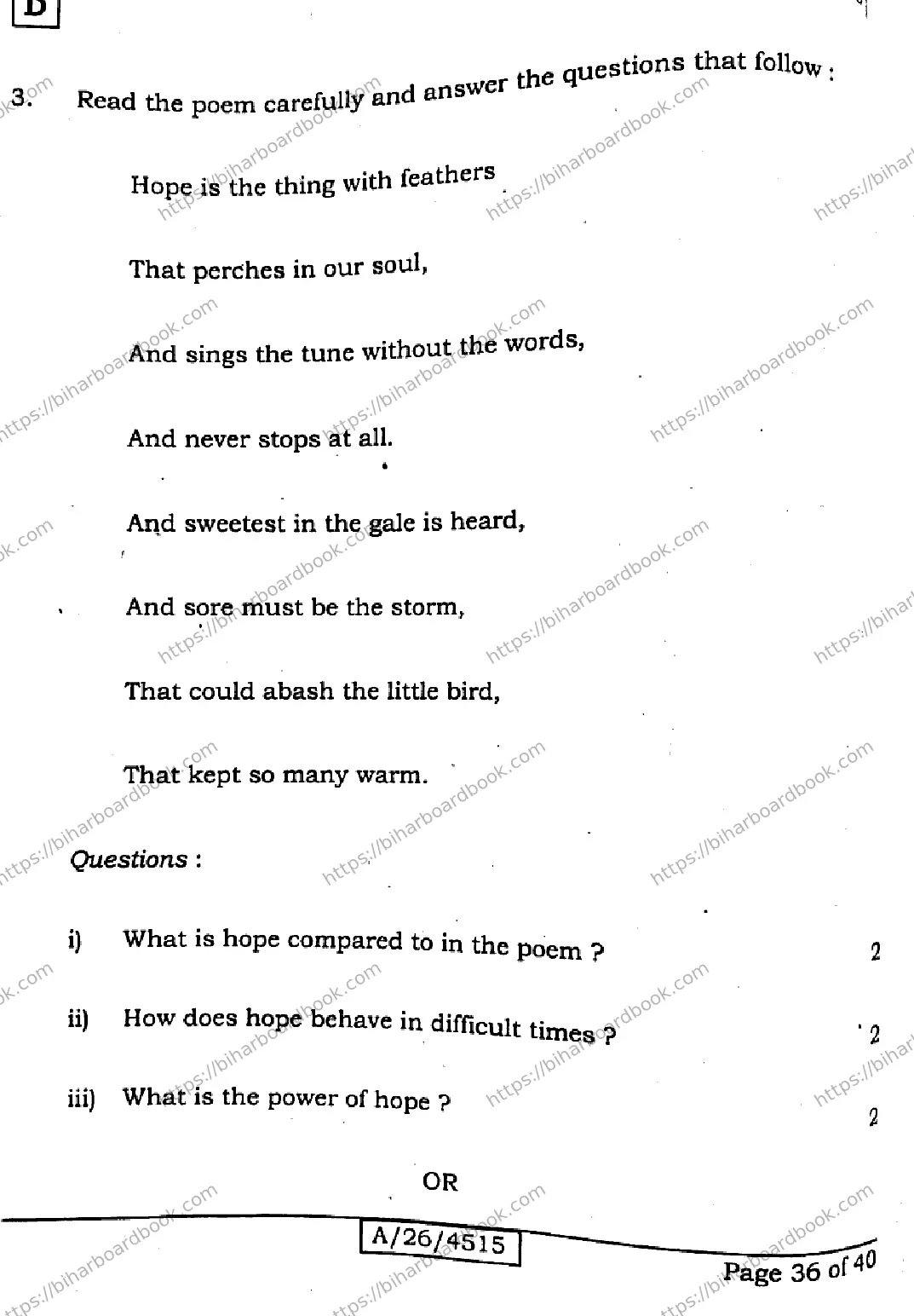 Bihar Board Class 10th 2026 ENGLISH-113-SET-D Previous Year Paper 36