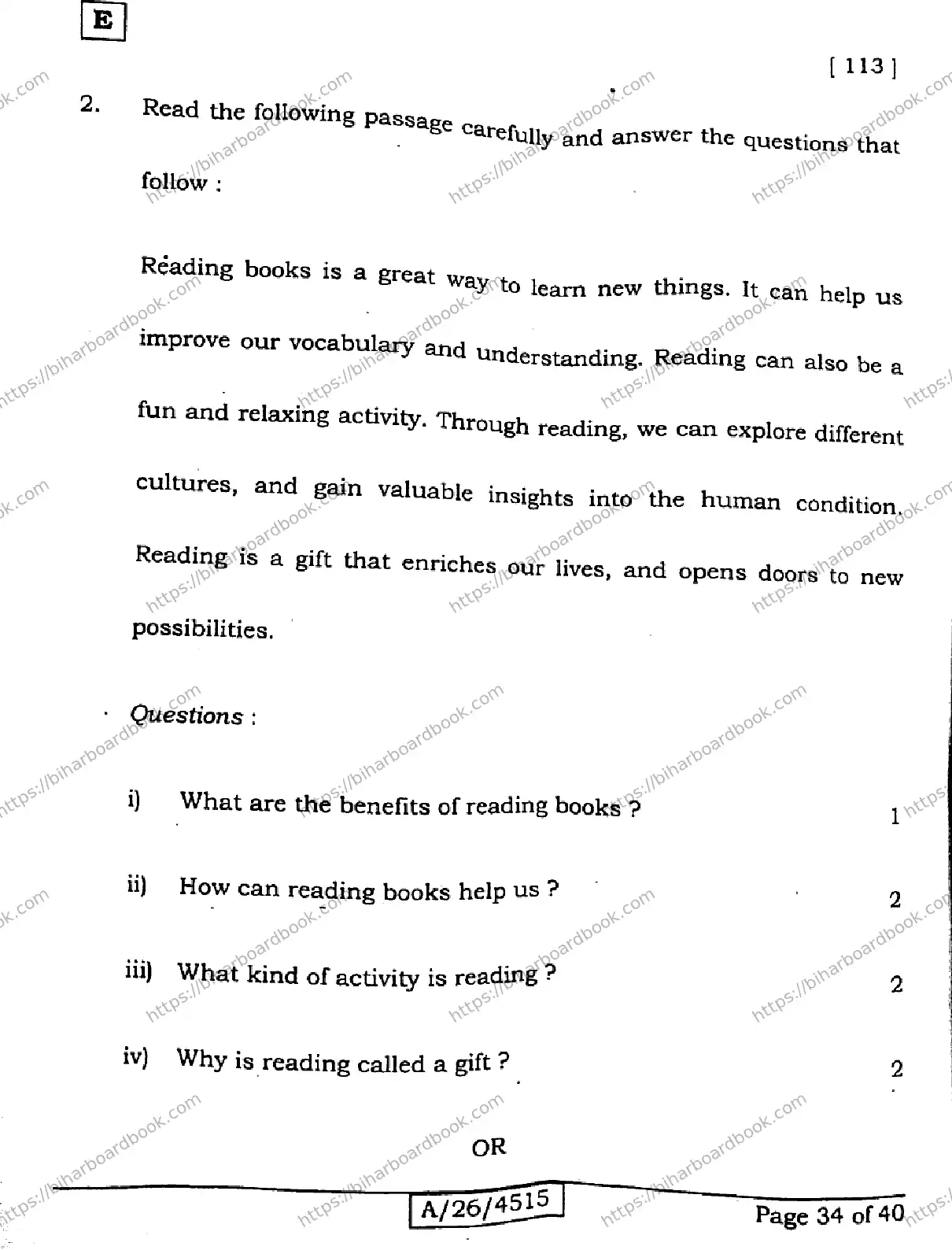 Bihar Board Class 10th 2026 ENGLISH-113-SET-E Previous Year Paper 34