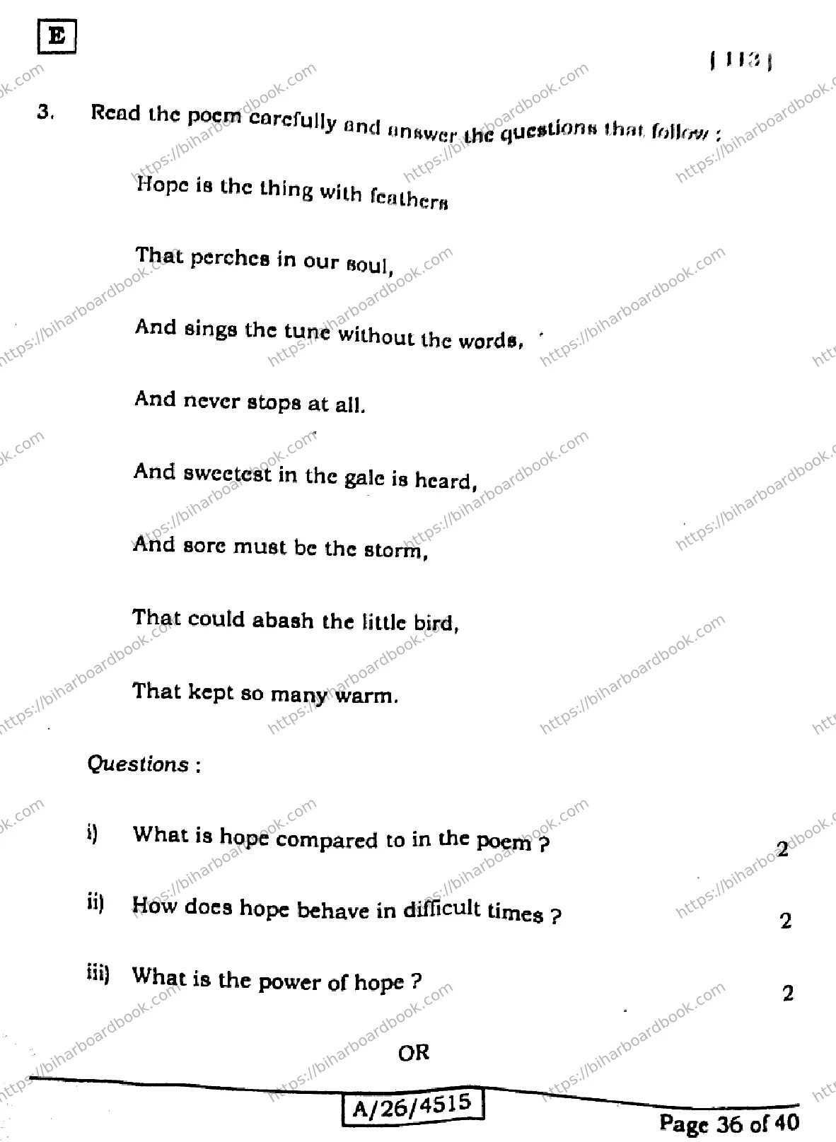 Bihar Board Class 10th 2026 ENGLISH-113-SET-E Previous Year Paper 36