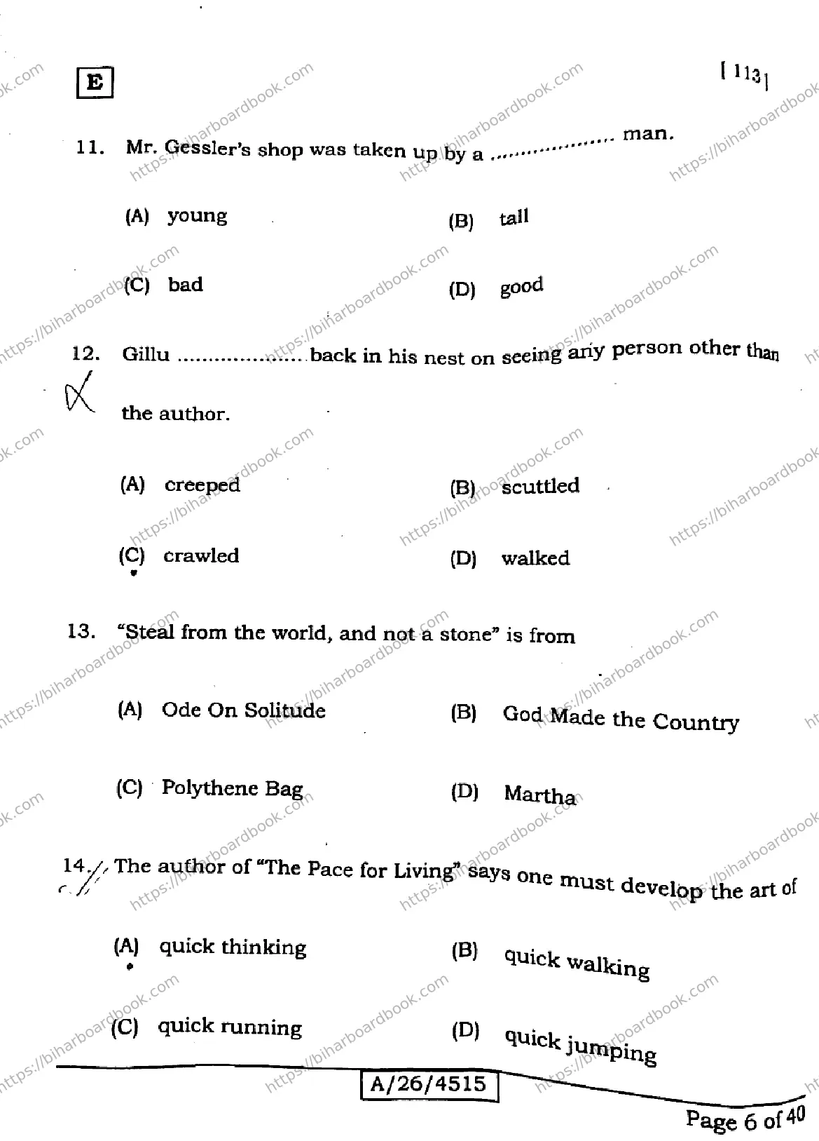 Bihar Board Class 10th 2026 ENGLISH-113-SET-E Previous Year Paper 5