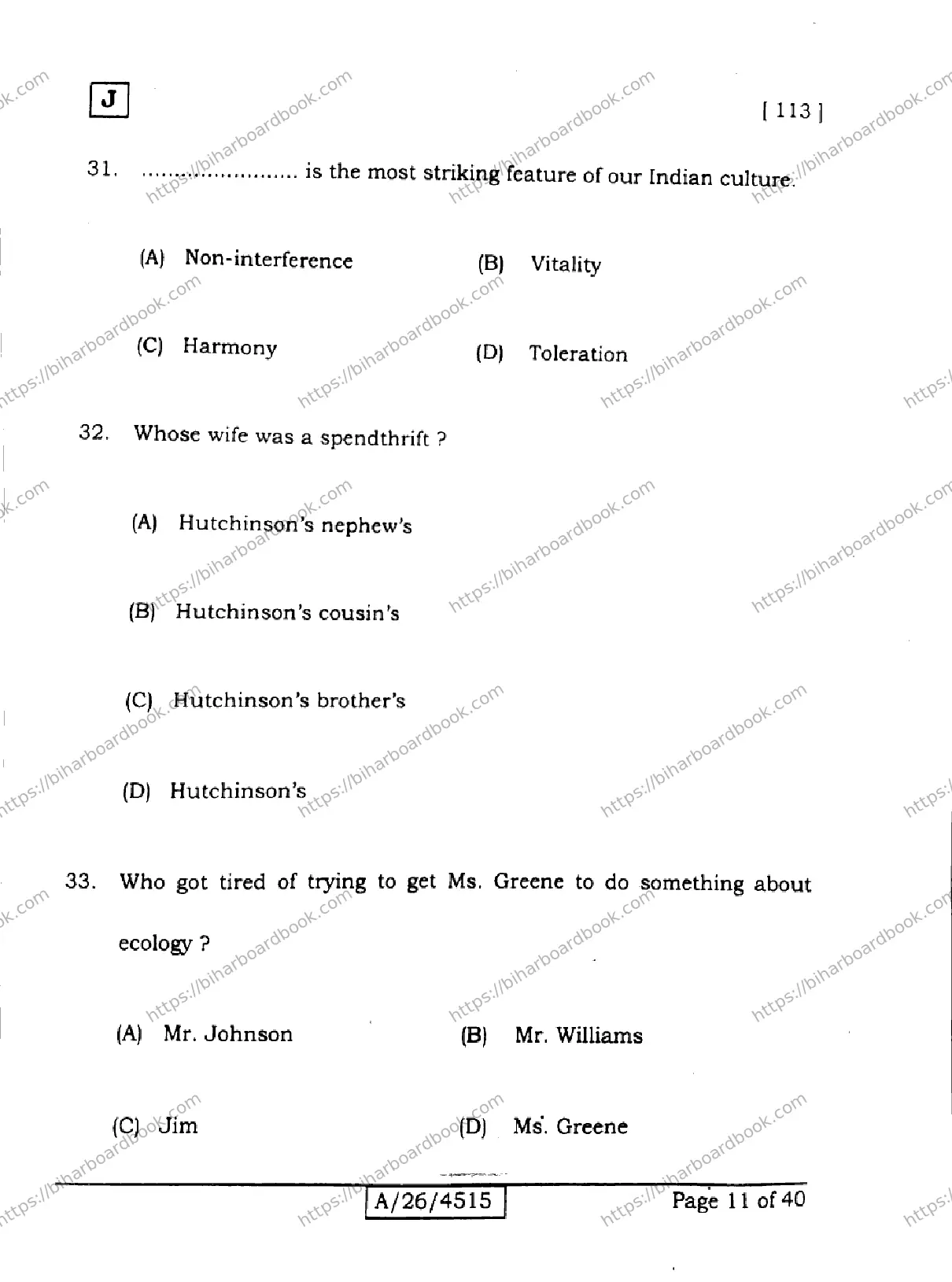 Bihar Board Class 10th 2026 ENGLISH-113-SET-J Previous Year Paper 11