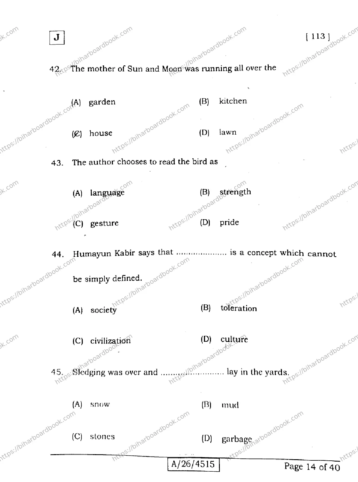 Bihar Board Class 10th 2026 ENGLISH-113-SET-J Previous Year Paper 14