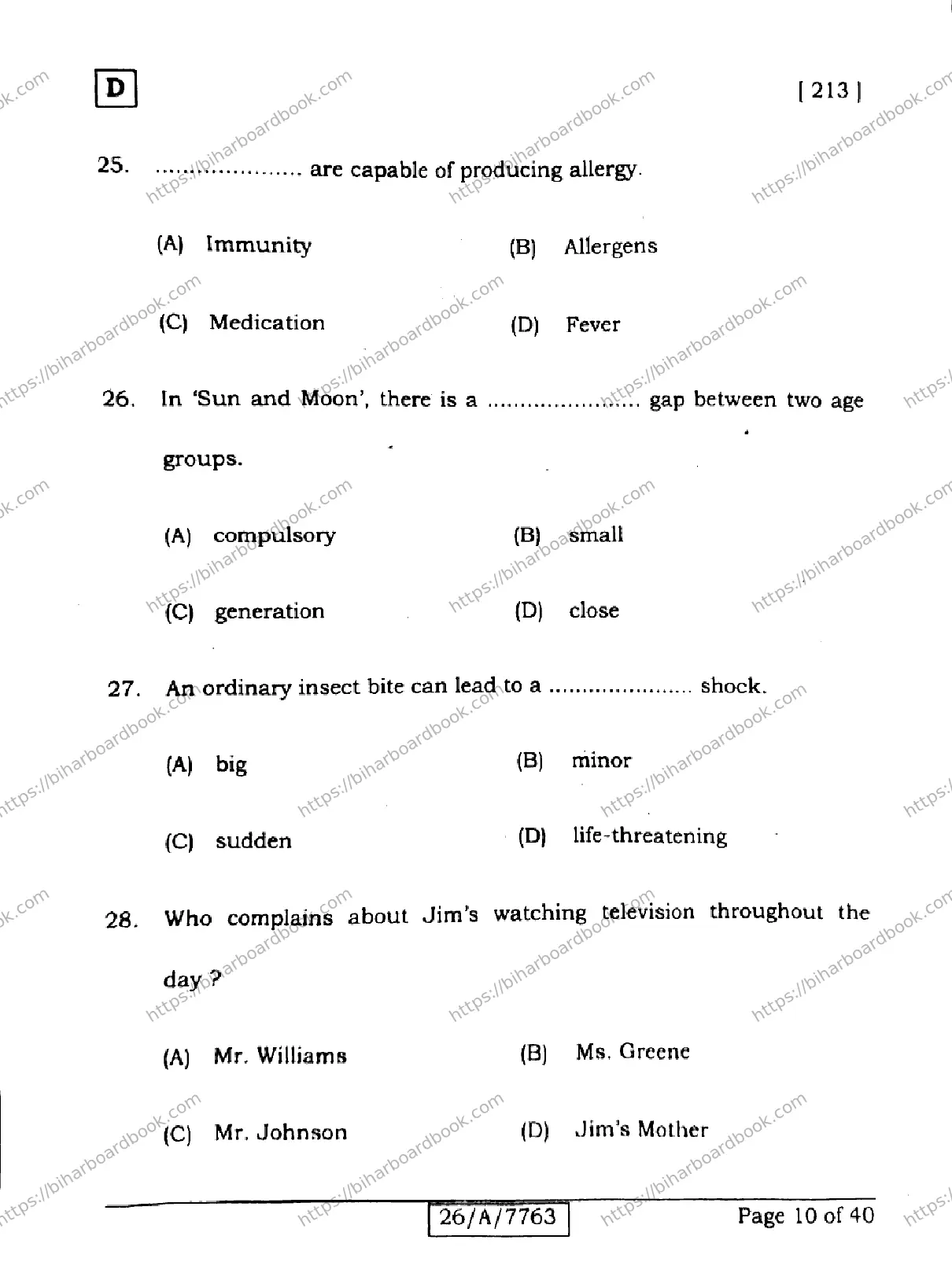 Bihar Board Class 10th 2026 ENGLISH-213-SET-D Previous Year Paper 10