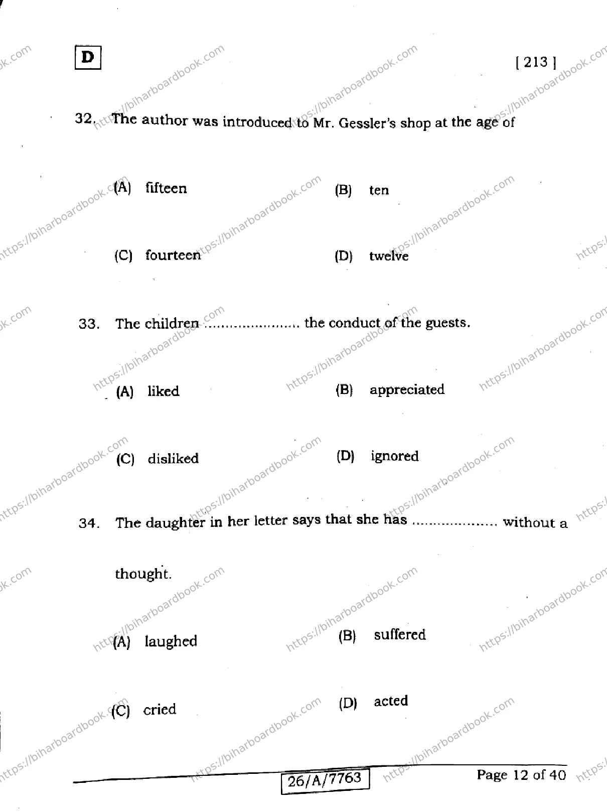 Bihar Board Class 10th 2026 ENGLISH-213-SET-D Previous Year Paper 12