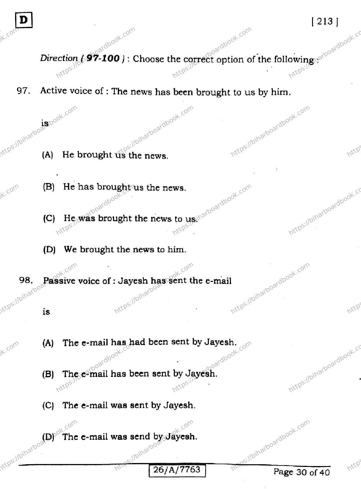 Bihar Board Class 10th 2026 ENGLISH-213-SET-D Previous Year Paper 30