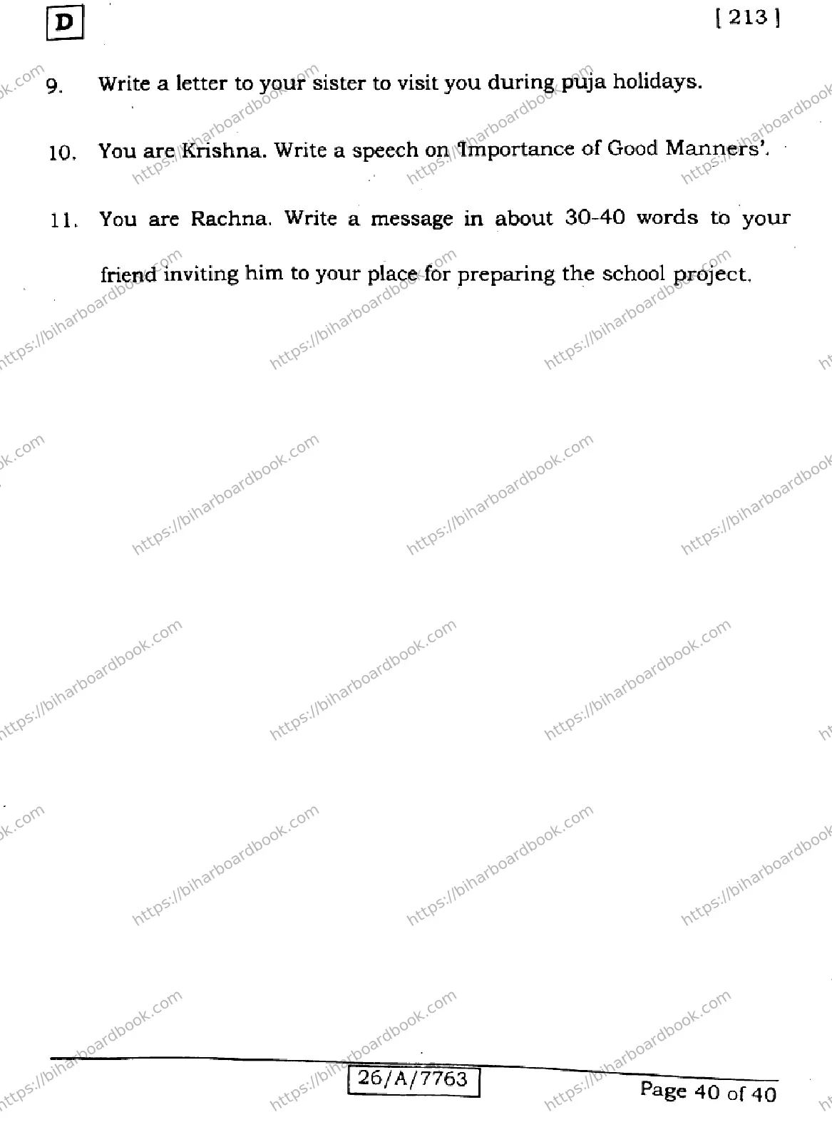 Bihar Board Class 10th 2026 ENGLISH-213-SET-D Previous Year Paper 40