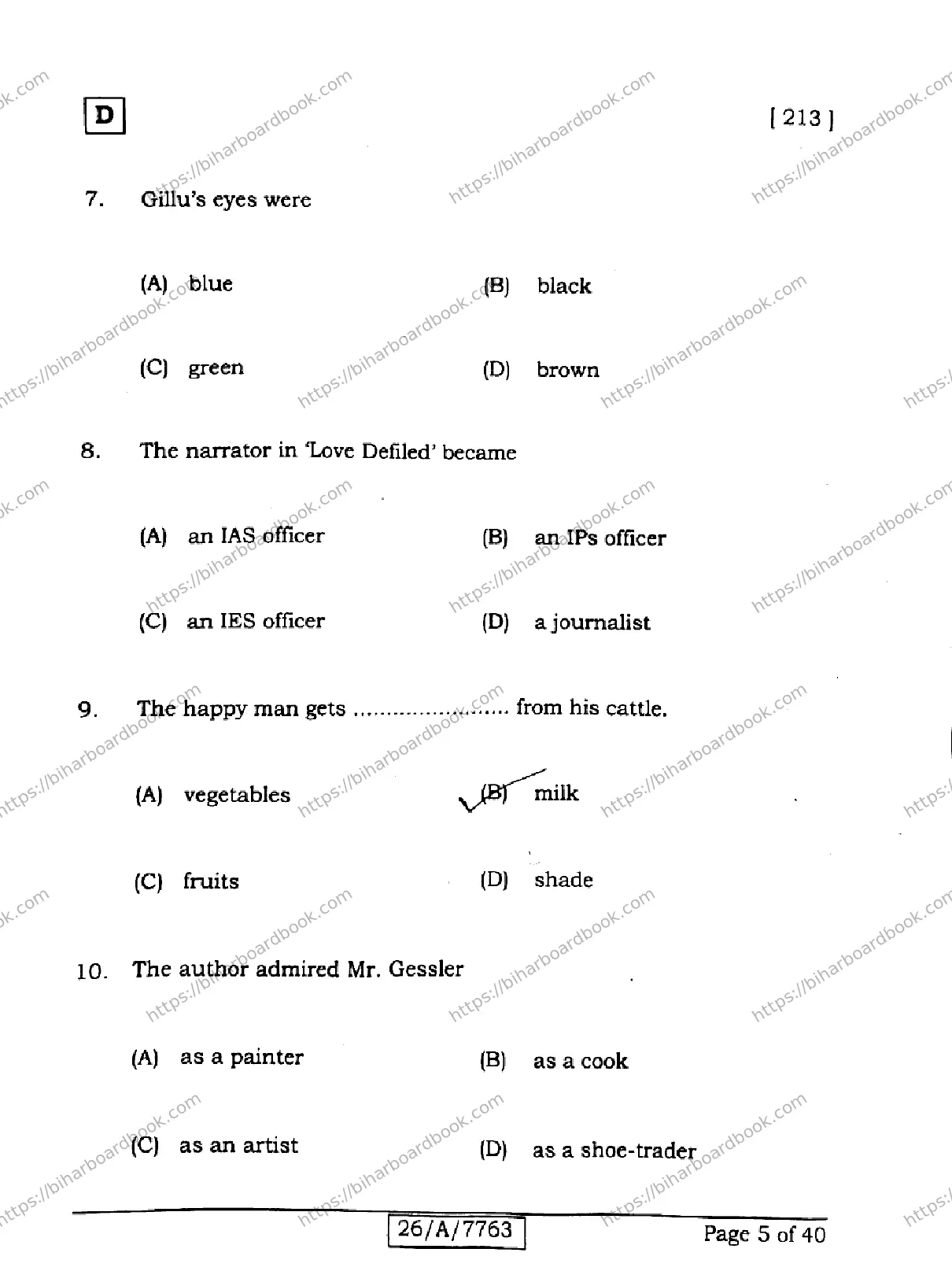 Bihar Board Class 10th 2026 ENGLISH-213-SET-D Previous Year Paper 5