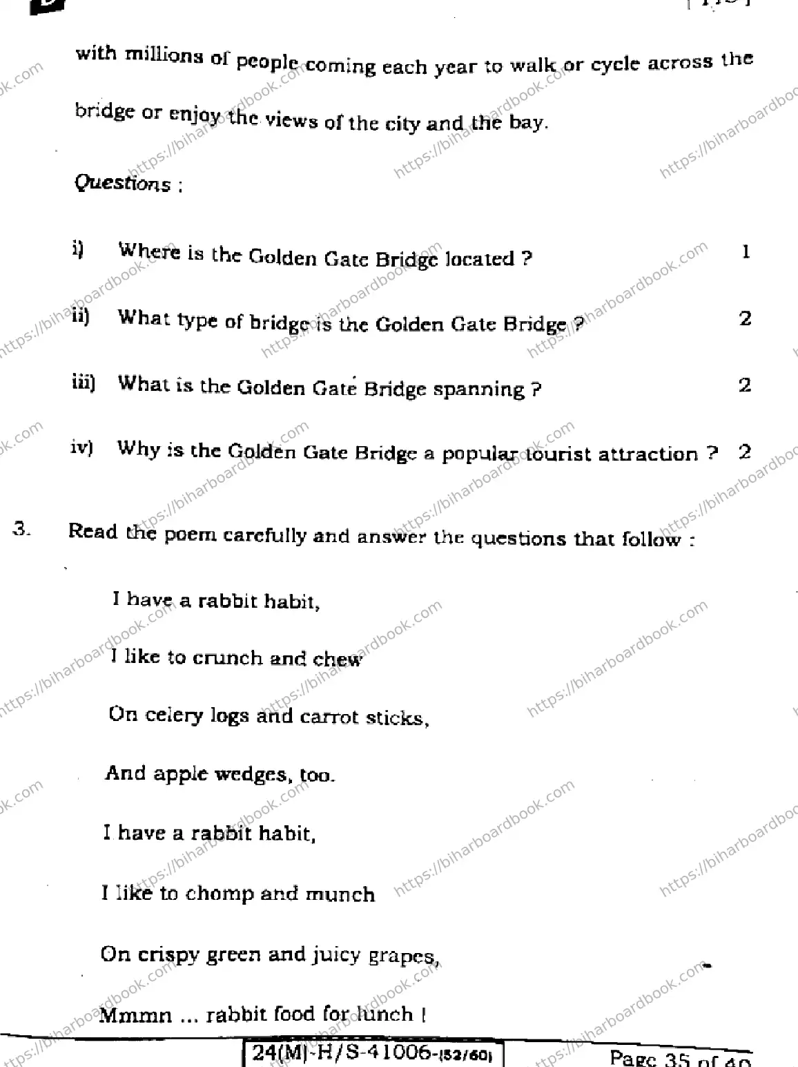 Bihar Board Class 10th 2024 English  113  (SetB)  2024 Previous Year Paper 35