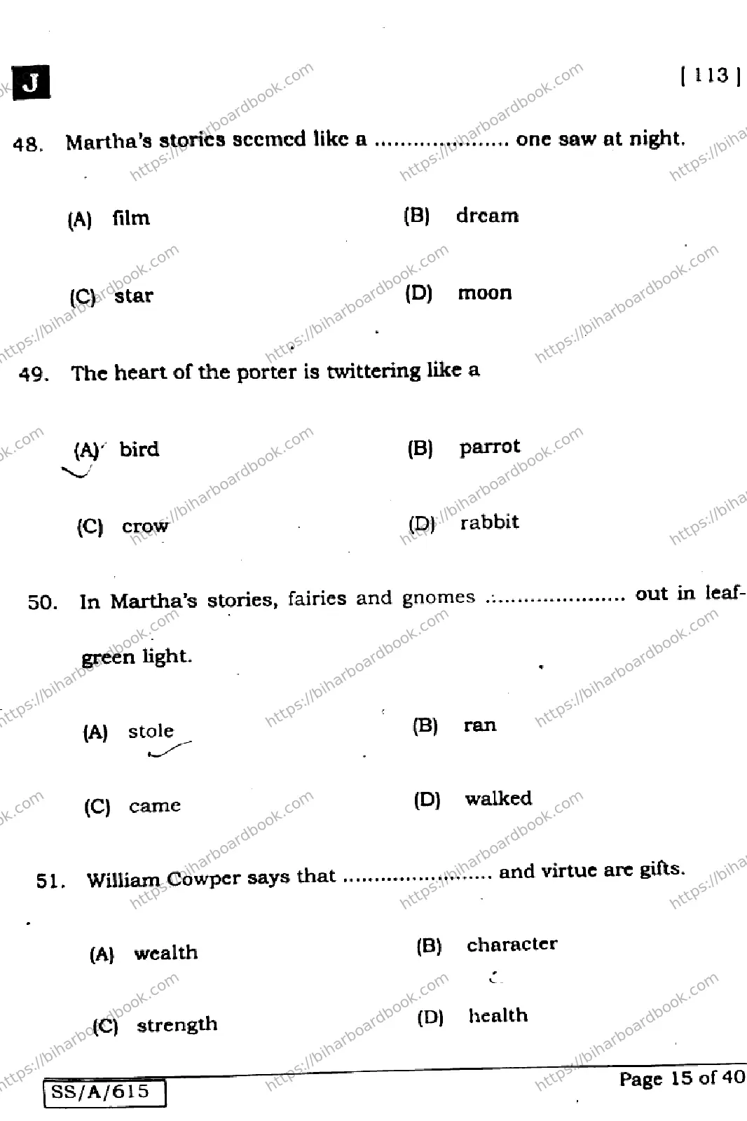 Bihar Board Class 10th 2025 English  113  SetJ  2025 Previous Year Paper 15