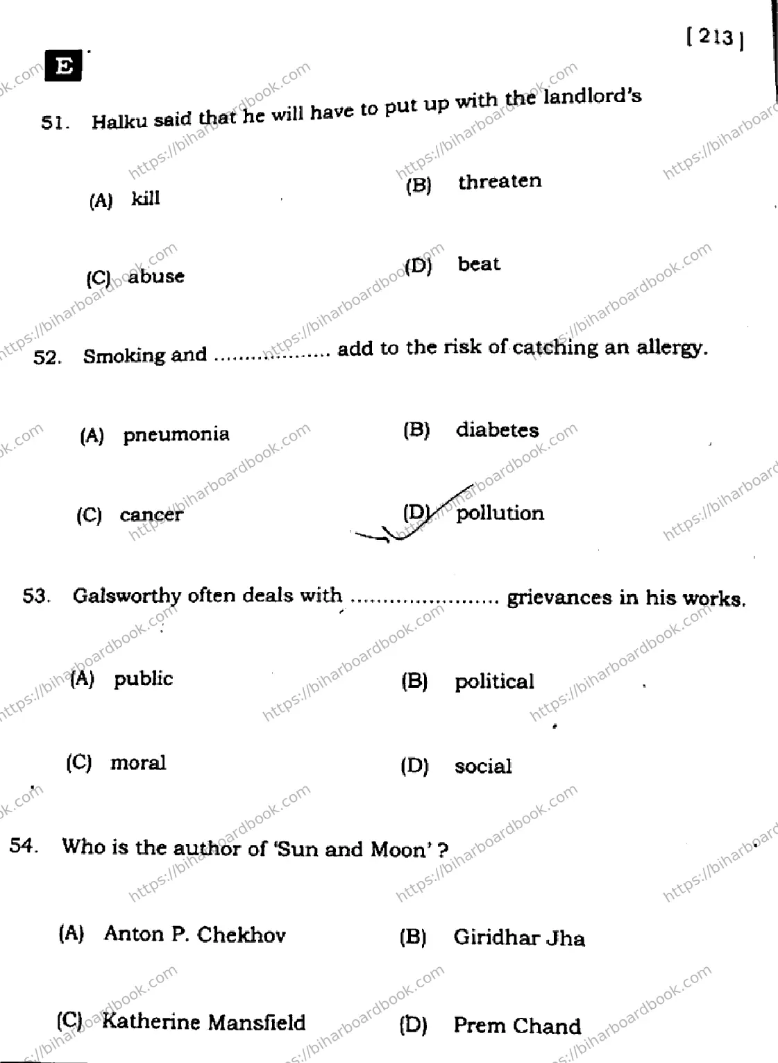 Bihar Board Class 10th 2024 English  213  (SetE)  2024 Previous Year Paper 15