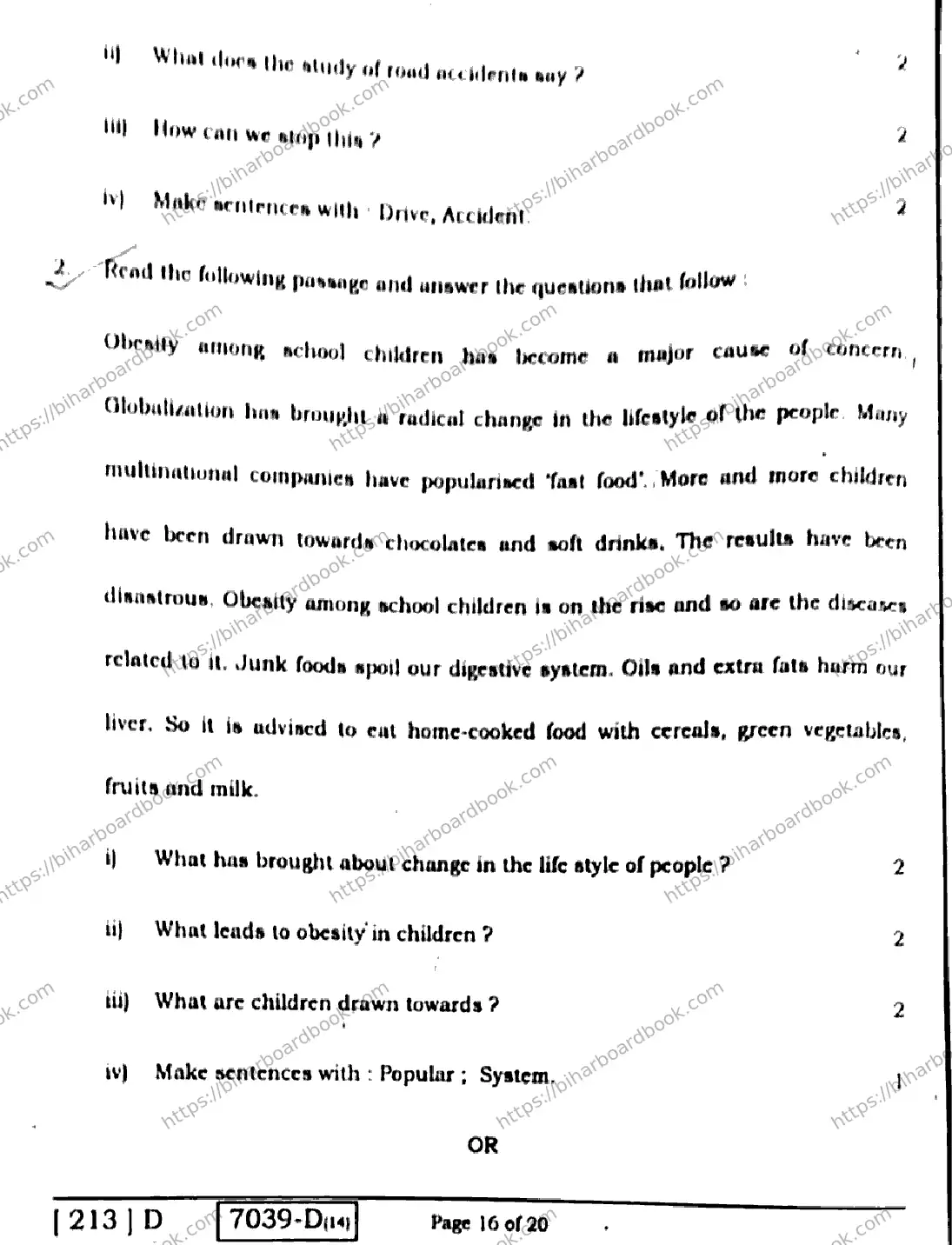 Bihar Board Class 10th 2020 English  213D  2020 Previous Year Paper 16