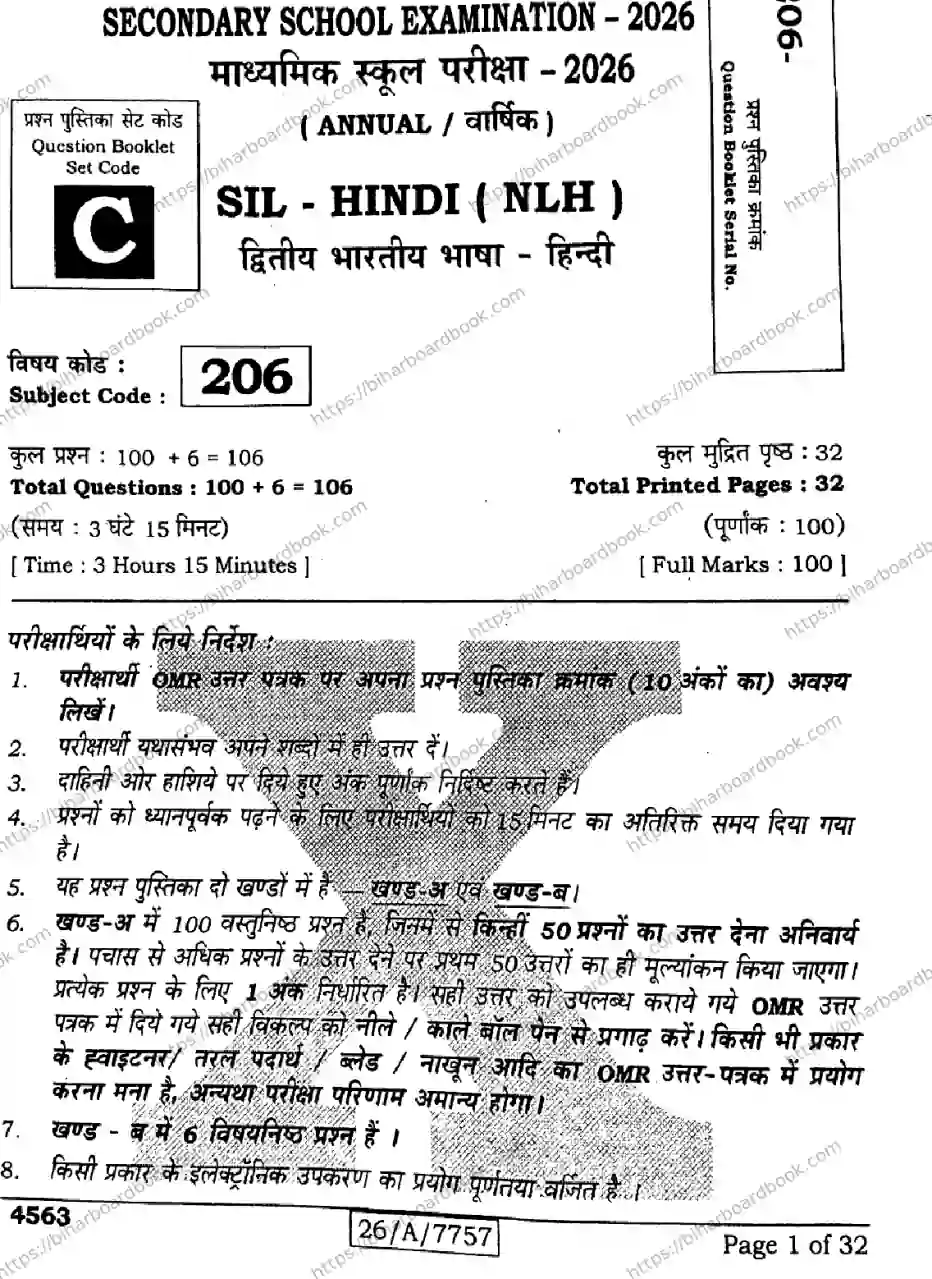 Bihar Board Class 10th 2026 HINDI-SIL-NLH-206-SET-C Previous Year Paper 1
