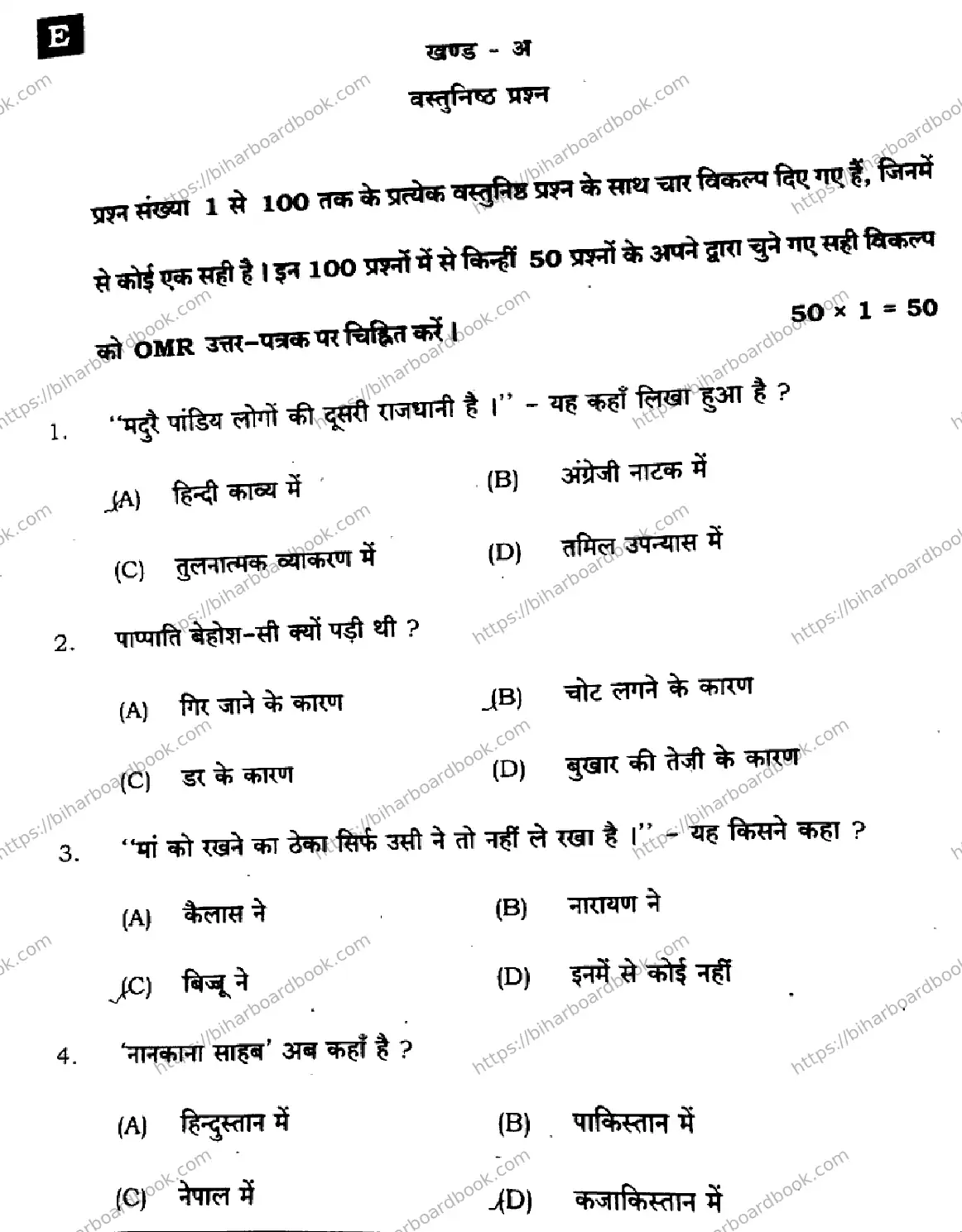 Bihar Board Class 10th 2024 Hindi MT  101  (SetE)  2024 Previous Year Paper 2