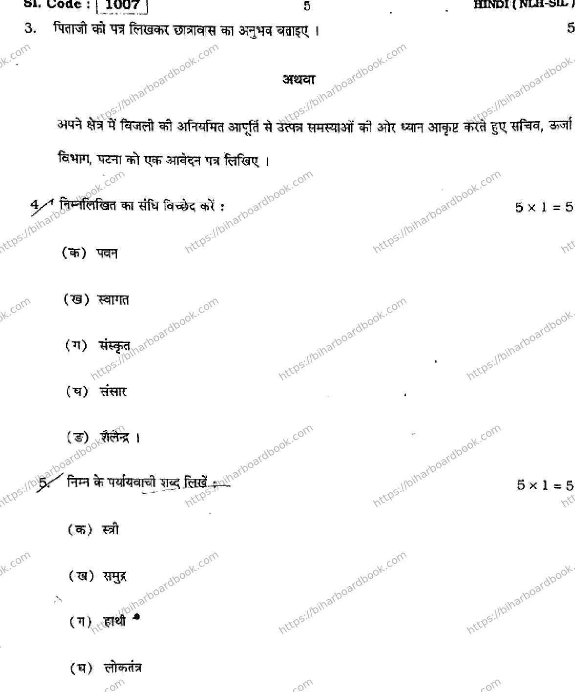Bihar Board Class 10th 2015 Hindi (NLHSIL)  1007  2015 Previous Year Paper 5