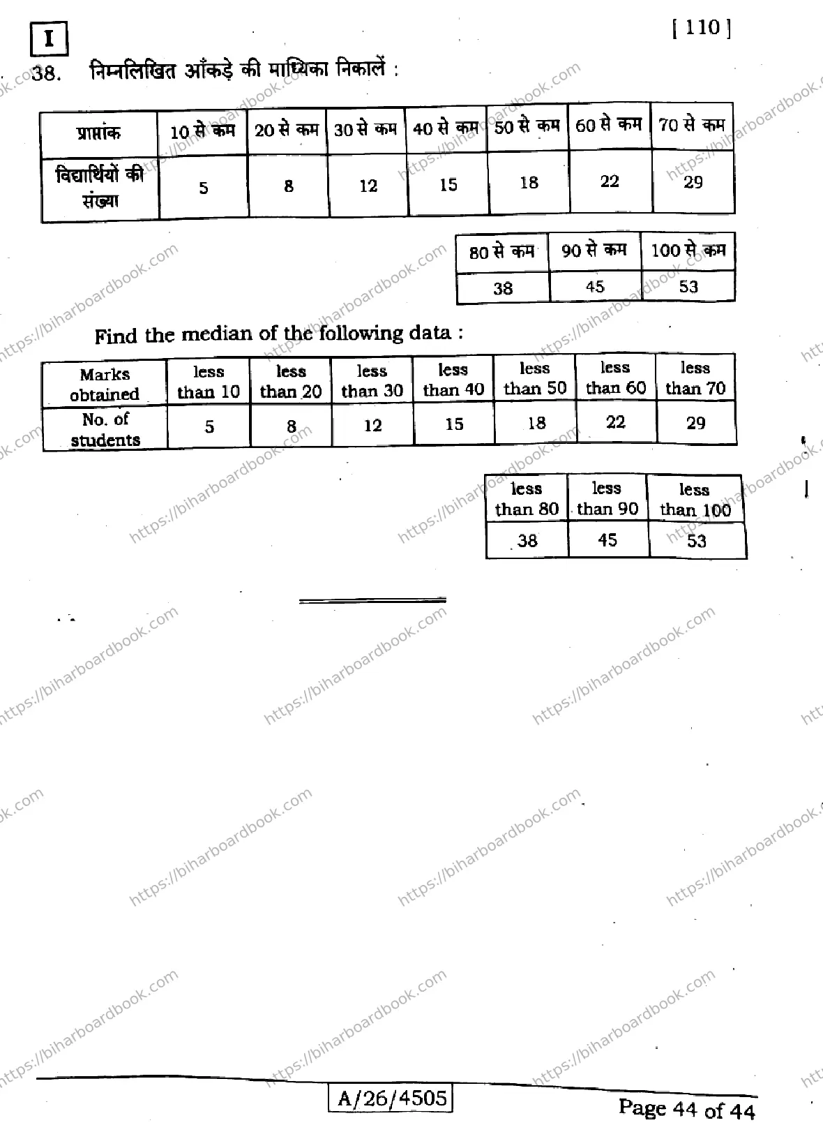 Bihar Board Class 10th 2026 MATHEMATICS-110-SETI Previous Year Paper 44