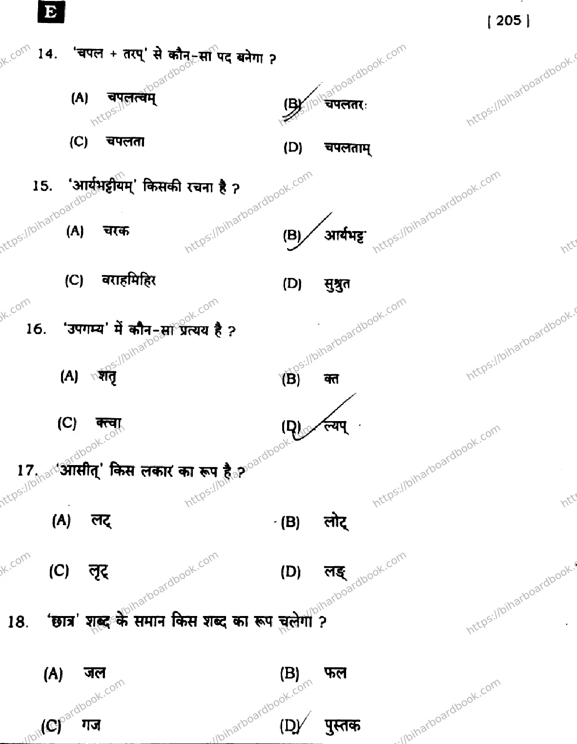 Bihar Board Class 10th 2024 Sanskrit SIL  205  (SetE)  2024 Previous Year Paper 5