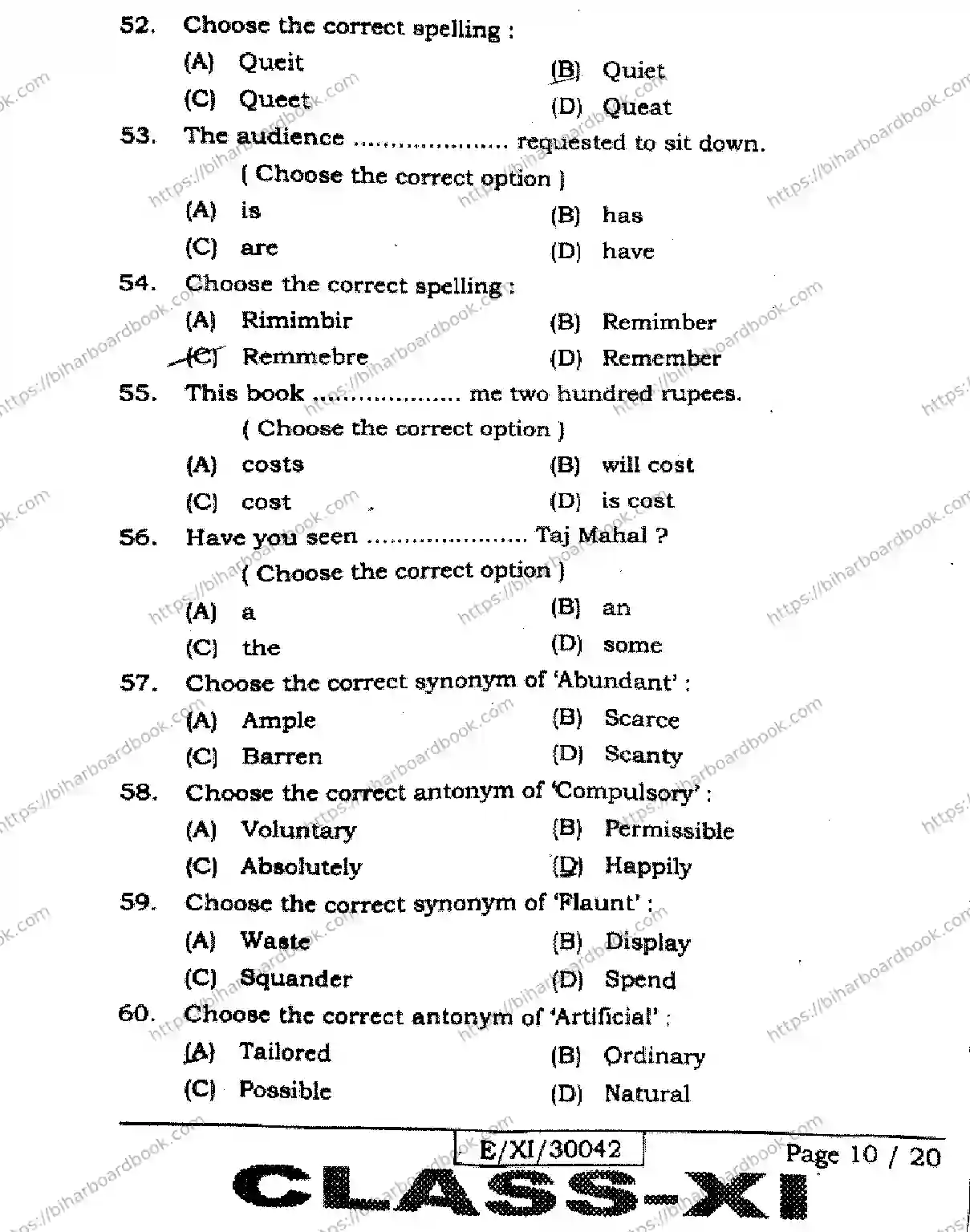 Bihar Board Class 11th 2026 ENGLISH-105-124-205-223-305-330 Previous Year Paper 10