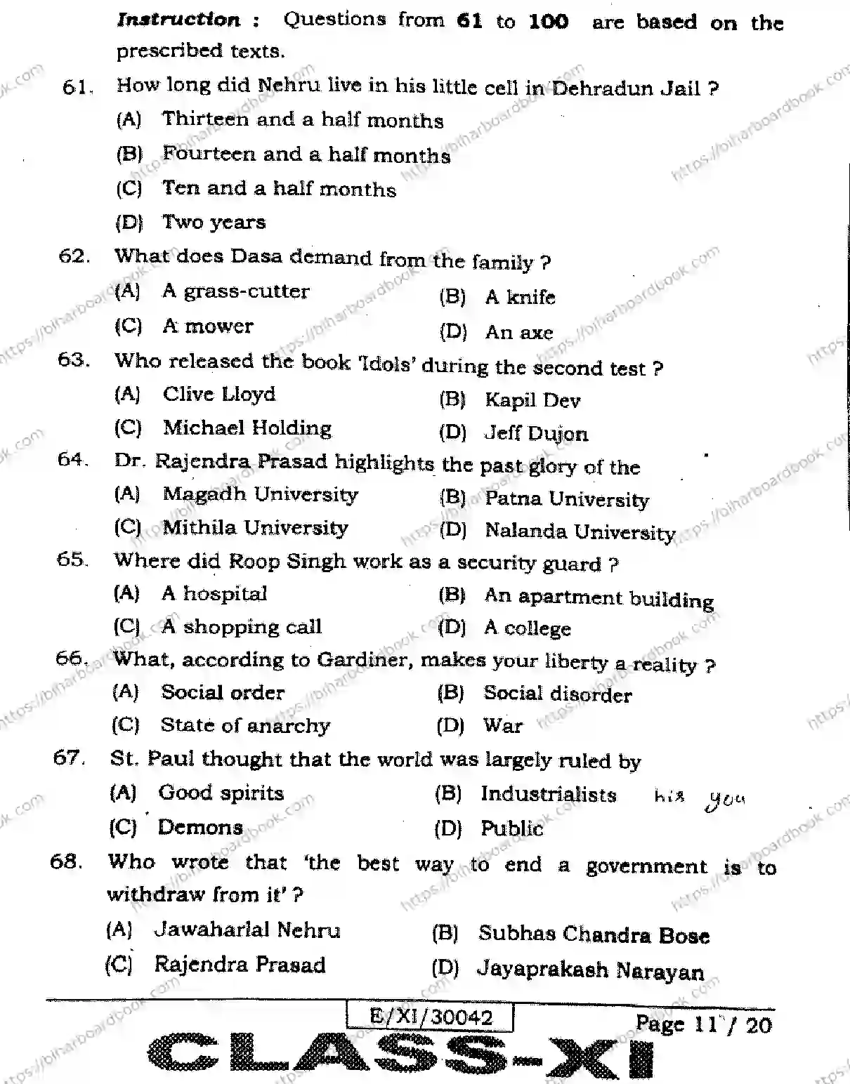 Bihar Board Class 11th 2026 ENGLISH-105-124-205-223-305-330 Previous Year Paper 11