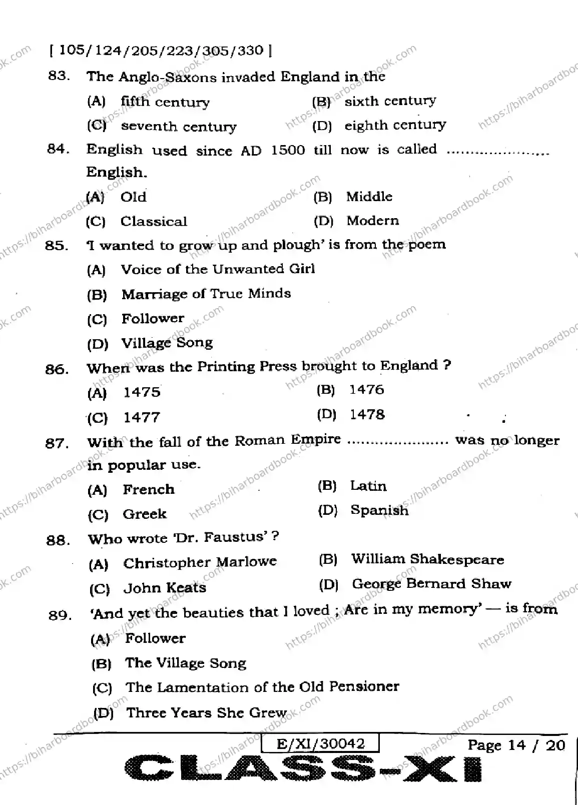 Bihar Board Class 11th 2026 ENGLISH-105-124-205-223-305-330 Previous Year Paper 14
