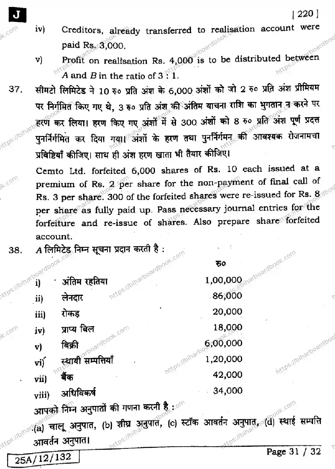 Bihar Board Class 12th 2025 Accountancy  220  SetJ Previous Year Paper 30