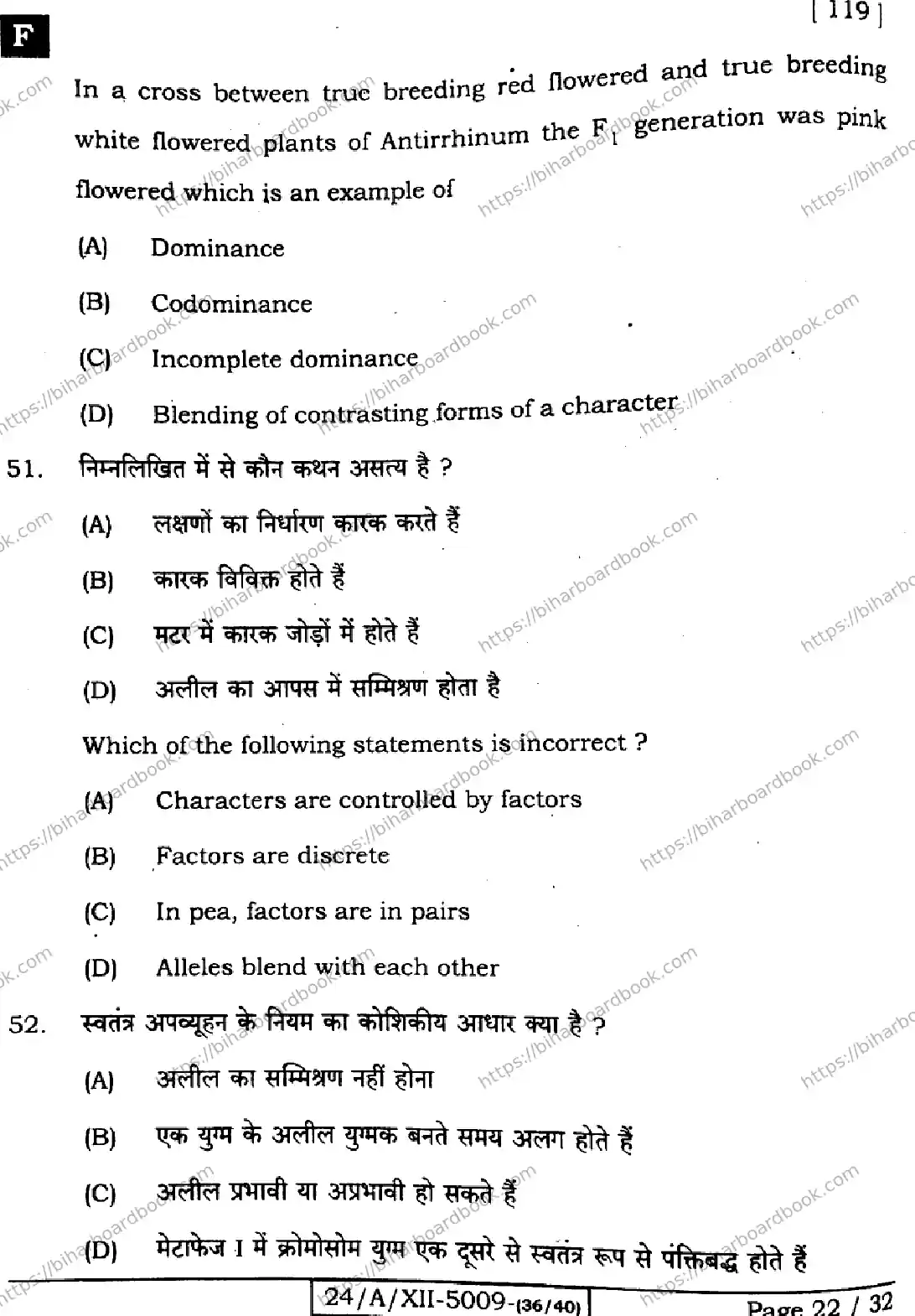 Bihar Board Class 12th 2024 Biology  119  (SetF) Previous Year Paper 22