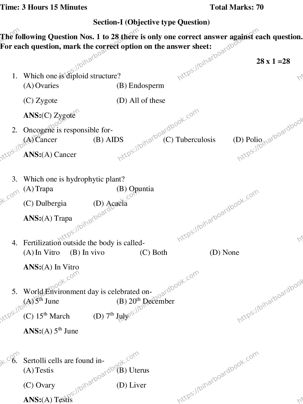 Bihar Board Class 12th 2017 Biology  2017 Previous Year Paper 1