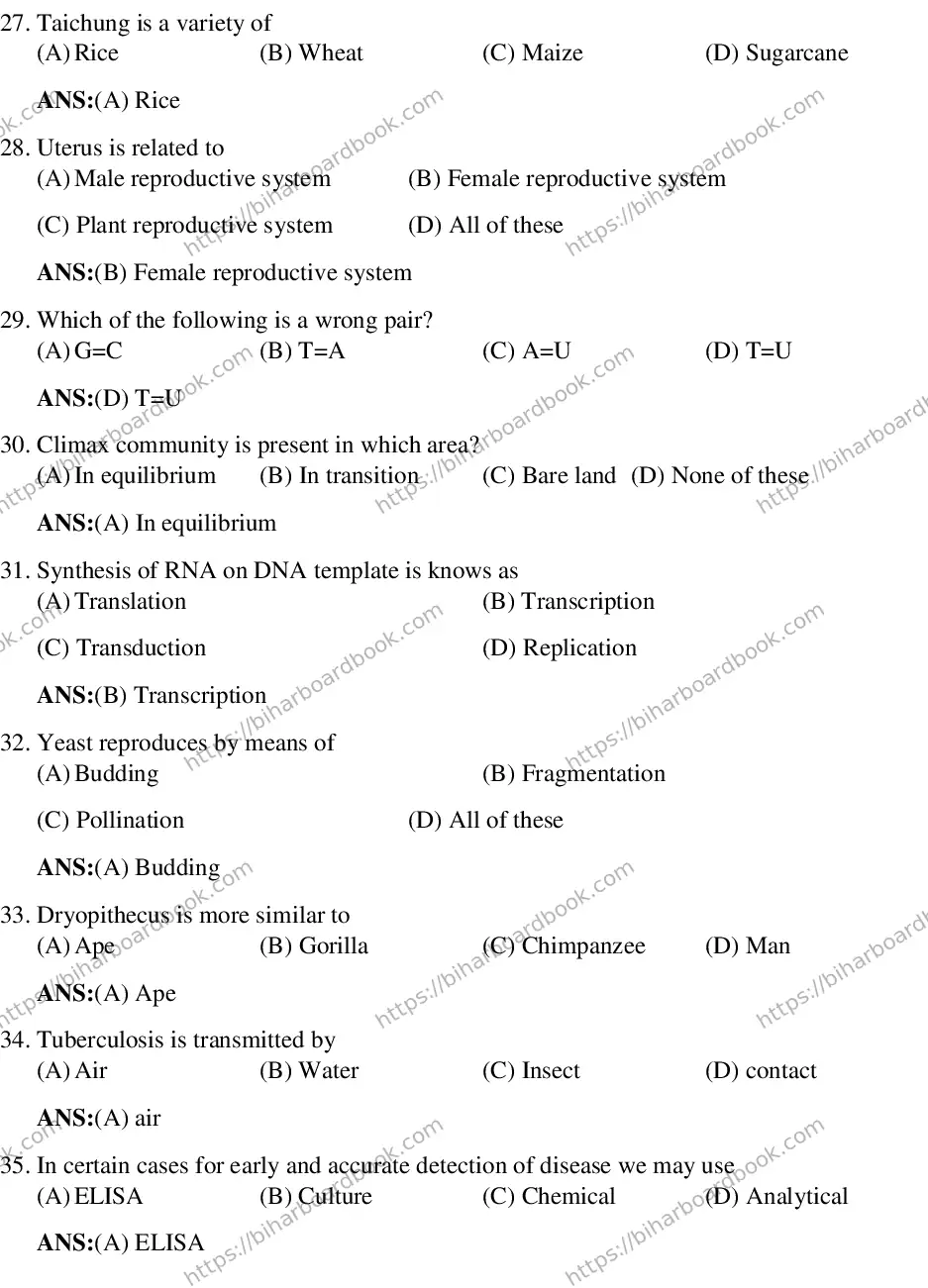 Bihar Board Class 12th 2019 Biology  2019 Previous Year Paper 5