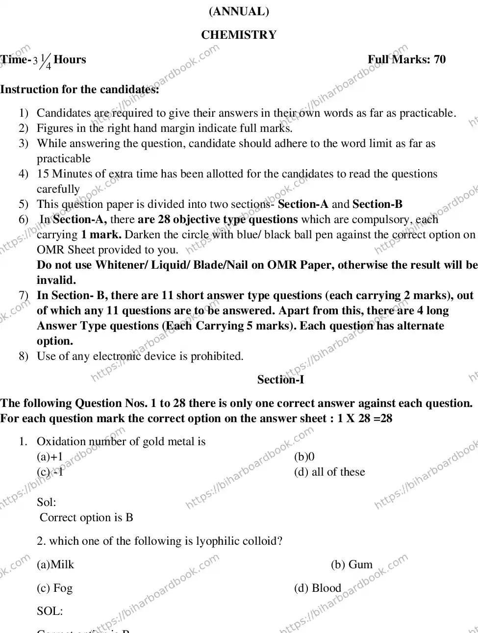 Bihar Board Class 12th 2016 Chemistry  2016 Previous Year Paper 1