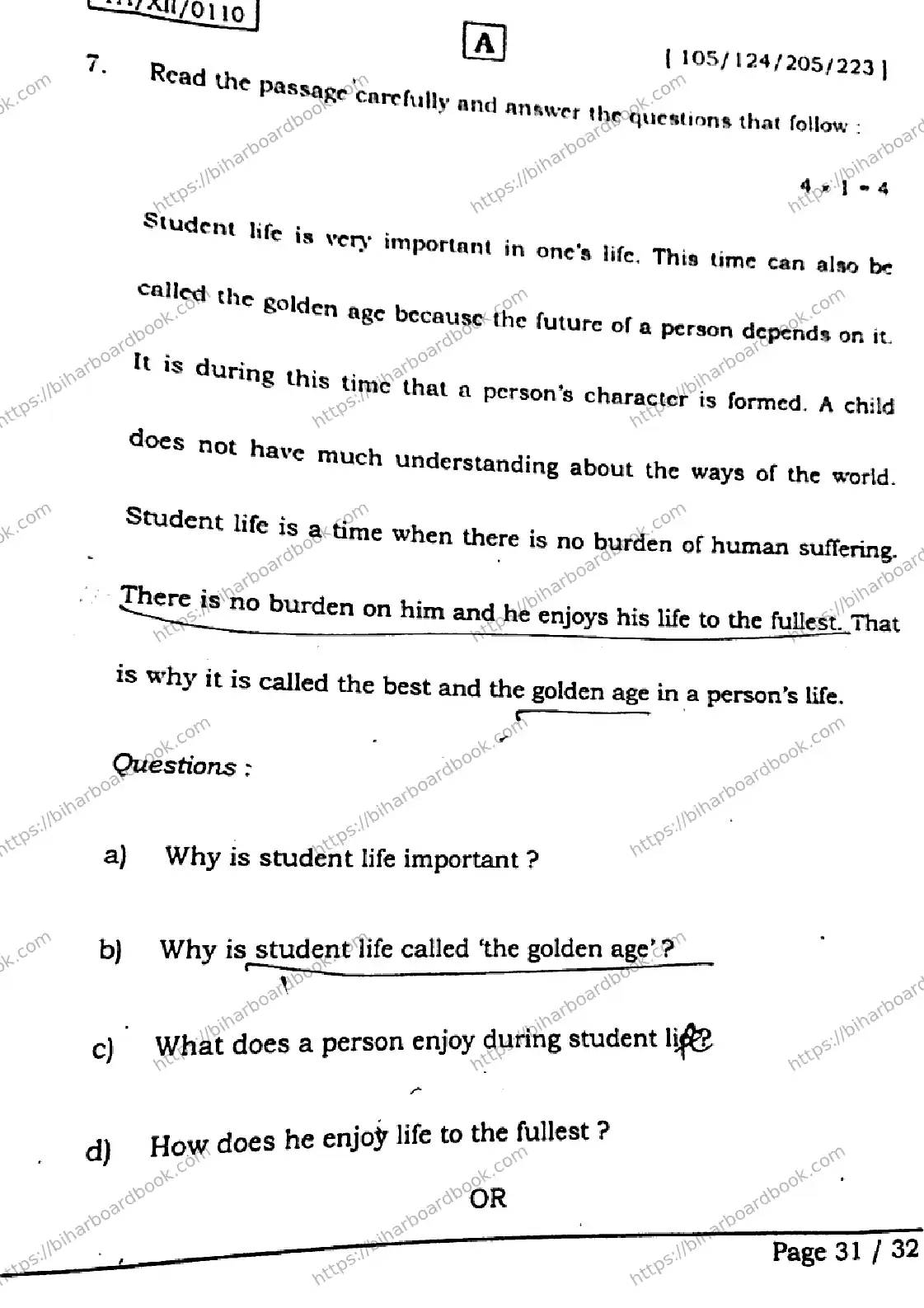 Bihar Board Class 12th 2026 ENGLISH-105-124-205-223-SET-A Previous Year Paper 30