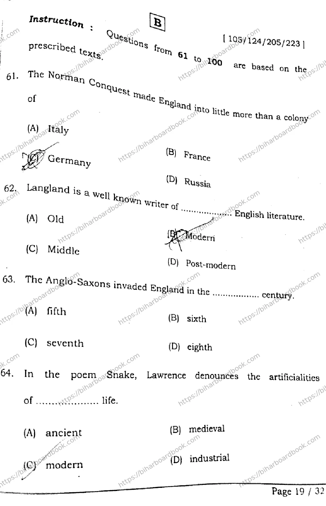 Bihar Board Class 12th 2026 ENGLISH-105-124-205-223-SET-B Previous Year Paper 18