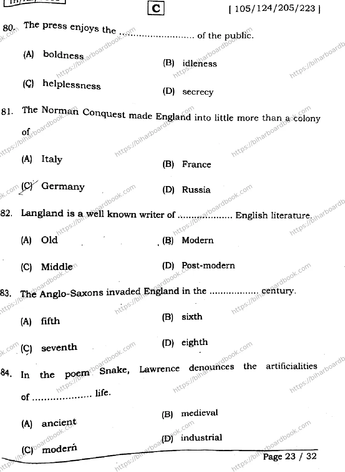 Bihar Board Class 12th 2026 ENGLISH-105-124-205-223-SET-C Previous Year Paper 23