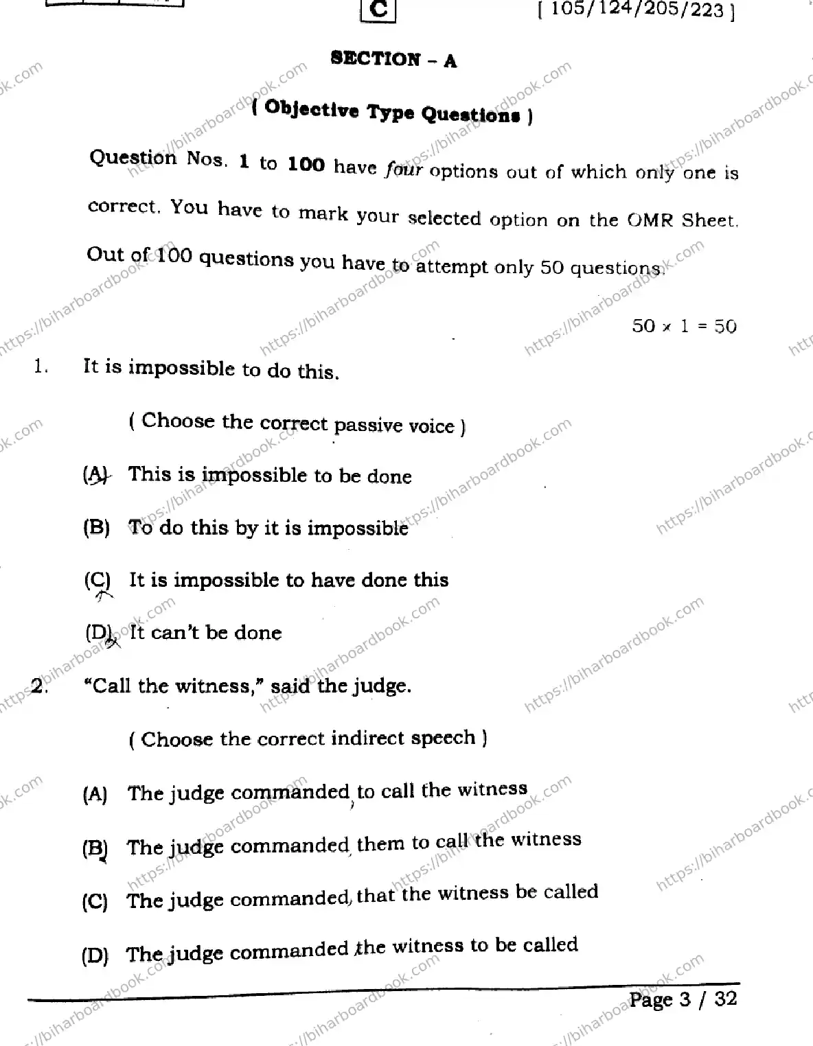 Bihar Board Class 12th 2026 ENGLISH-105-124-205-223-SET-C Previous Year Paper 3