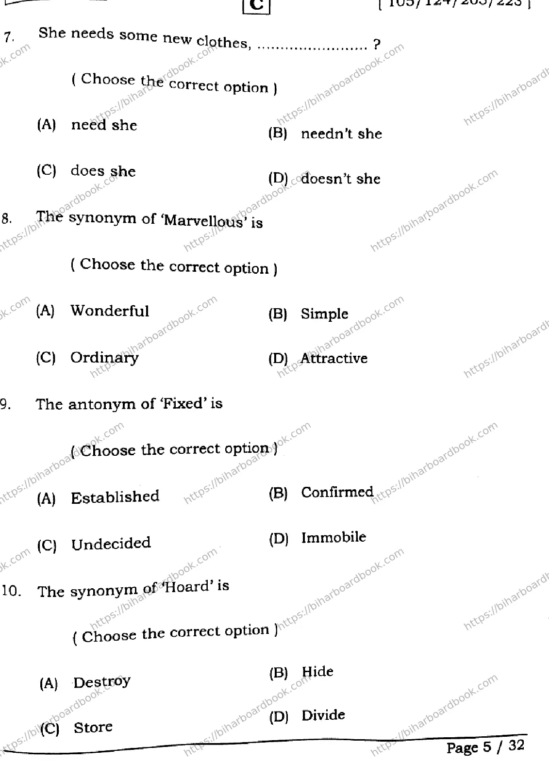Bihar Board Class 12th 2026 ENGLISH-105-124-205-223-SET-C Previous Year Paper 5