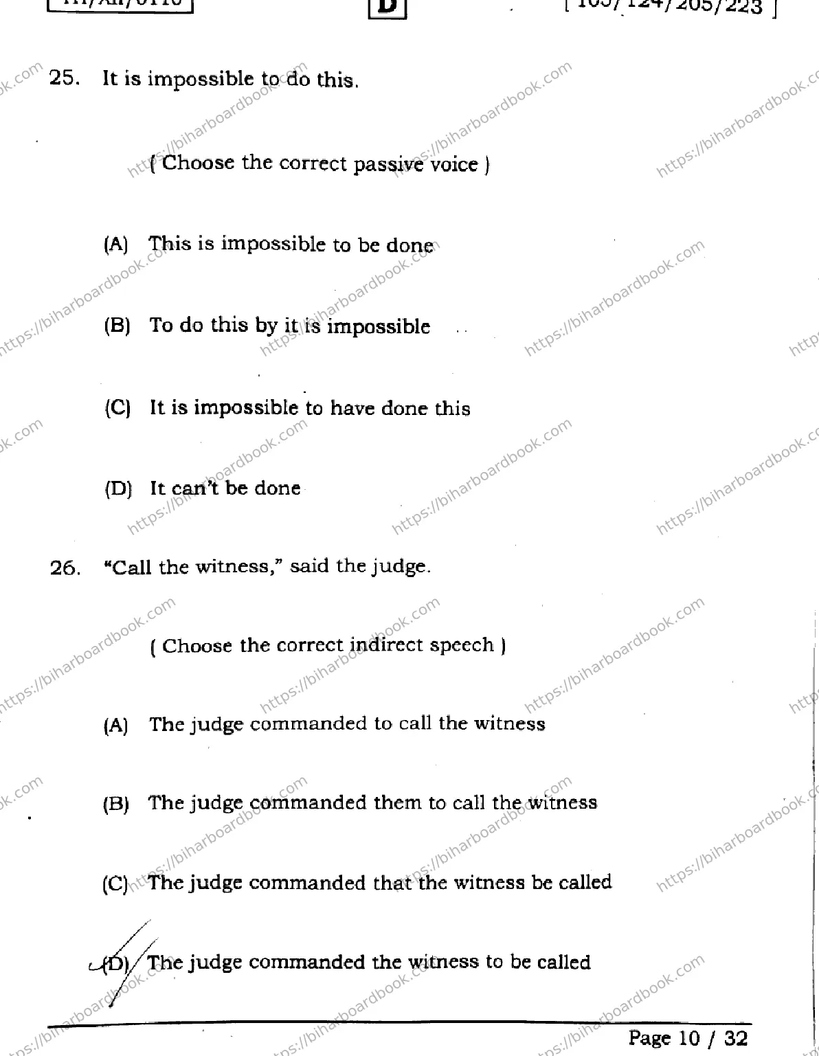 Bihar Board Class 12th 2026 ENGLISH-105-124-205-223-SET-D Previous Year Paper 10