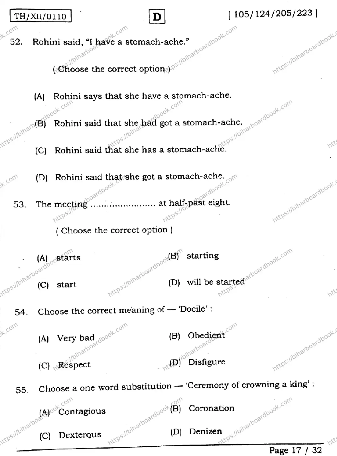 Bihar Board Class 12th 2026 ENGLISH-105-124-205-223-SET-D Previous Year Paper 17